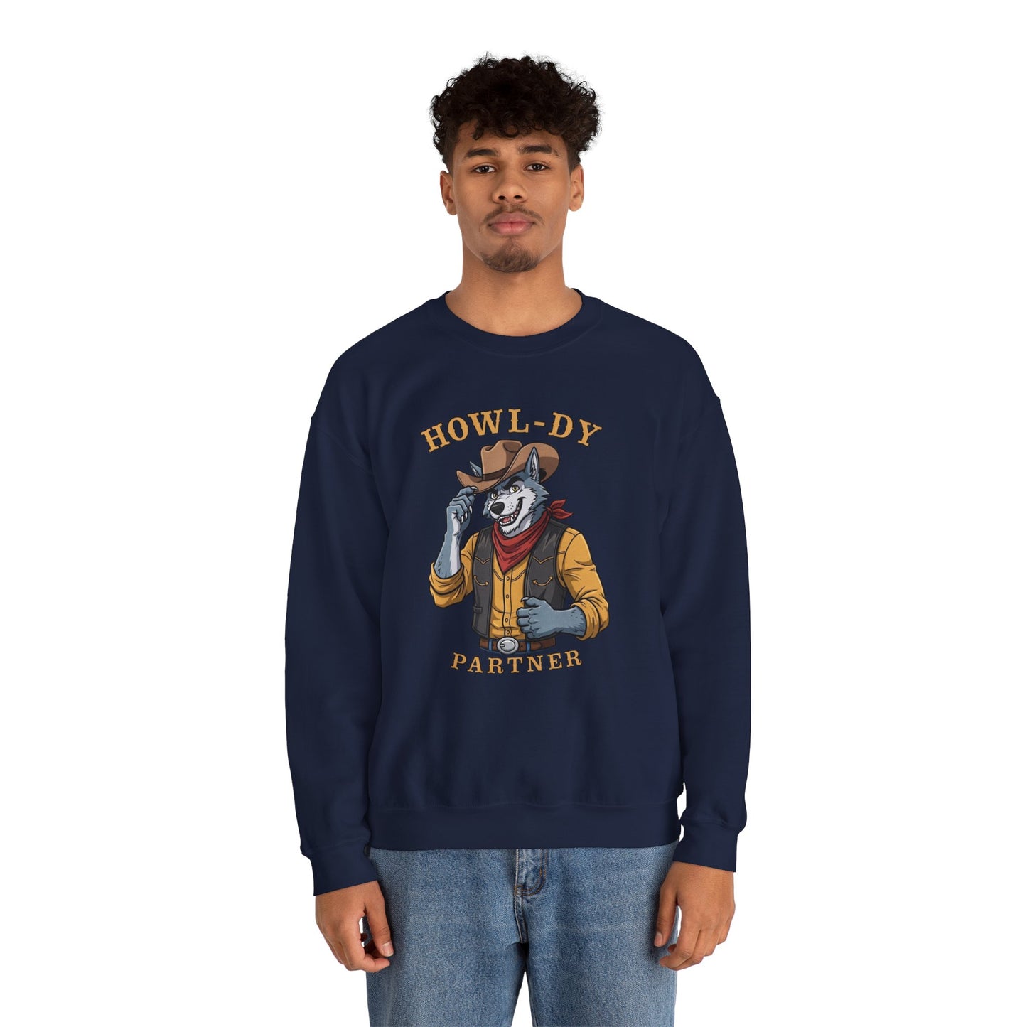 Howl-dy Partner Wolf Sweatshirt, Cowboy Werewolf Halloween Crewneck, Western Spooky Graphic Pullover for Animal Lover Gift Sweatshirt
