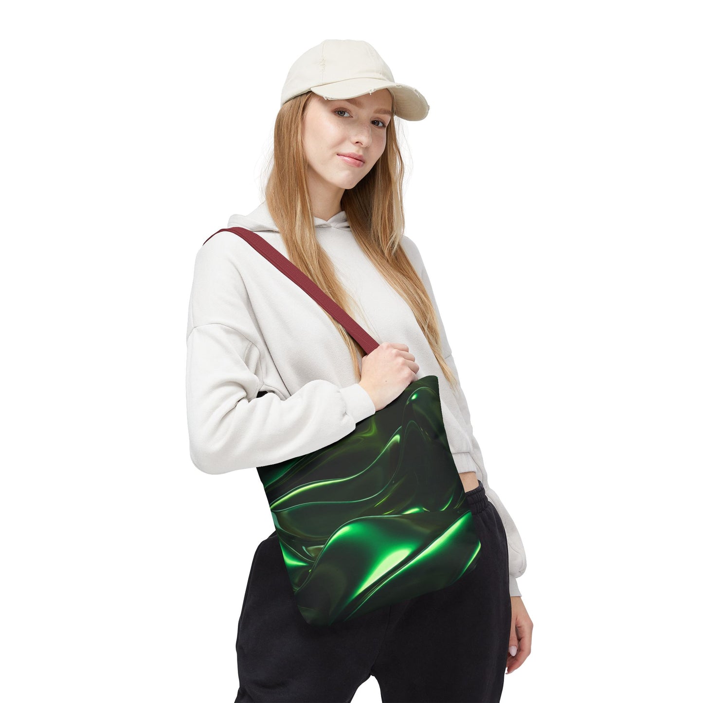 Futuristic Green Tote Bag - Abstract Metallic Wave Art Tote - Glossy Cyber Aesthetic Bag, Techwear Vibes, Edgy Gamer Gift, Trendy Street Style