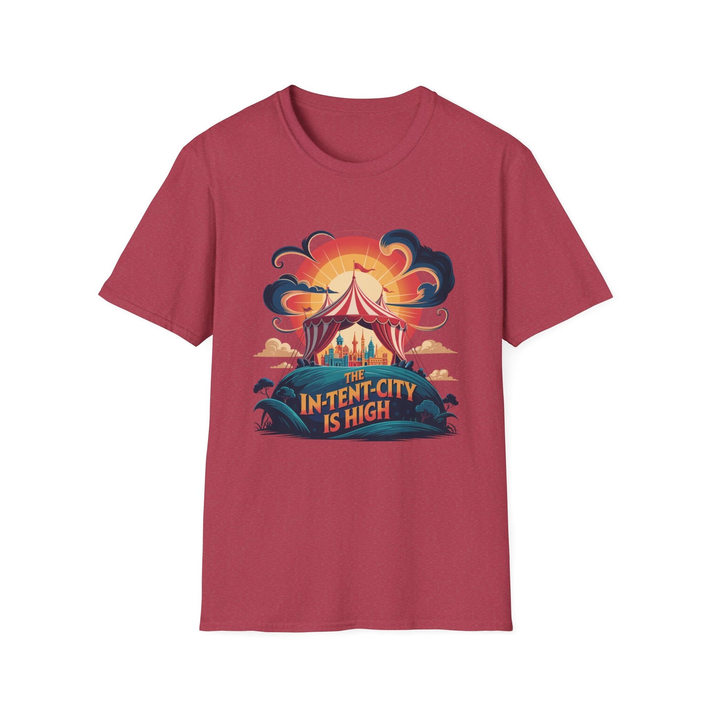In-Tent-City Is High Retro Camp T-Shirt | Vintage Circus Tent + Cityscape Graphic | Funny Outdoors Urban Adventure Tee | Unisex Camper Shirt