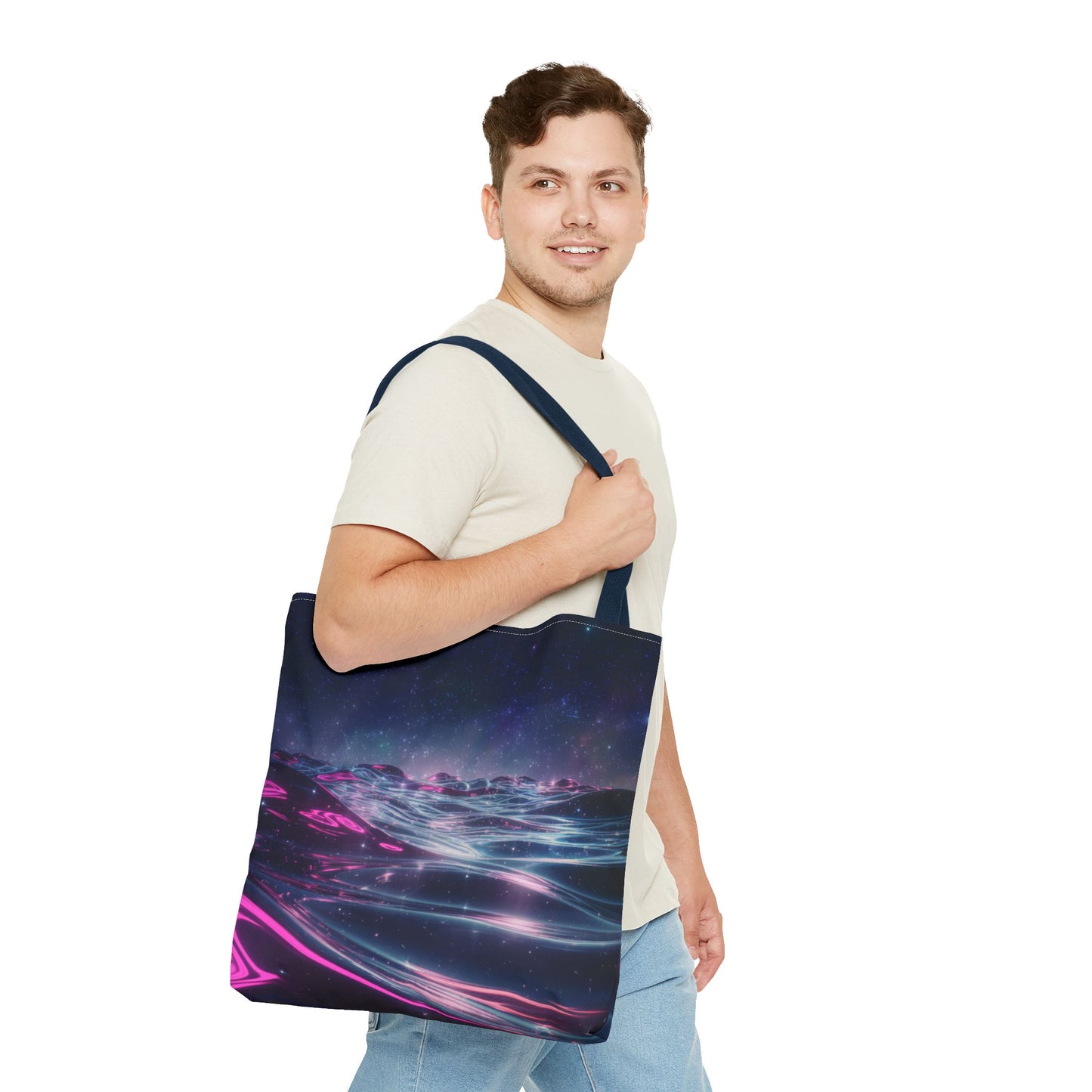 Neon Wave Horizon Tote Bag, Futuristic Ocean Design With Pink And Blue Light, Sci-Fi Aesthetic Reusable Tote For Travel, Gifts, And Everyday Use