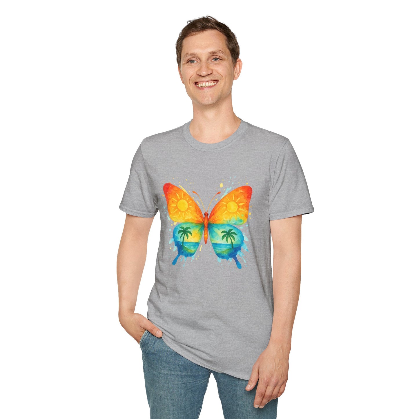 Butterfly Sunset Beach Tee - Ocean & Palm Watercolor Butterfly T-Shirt, Coastal Boho Graphic, Nature Lover Gift, Unisex Casual Tee