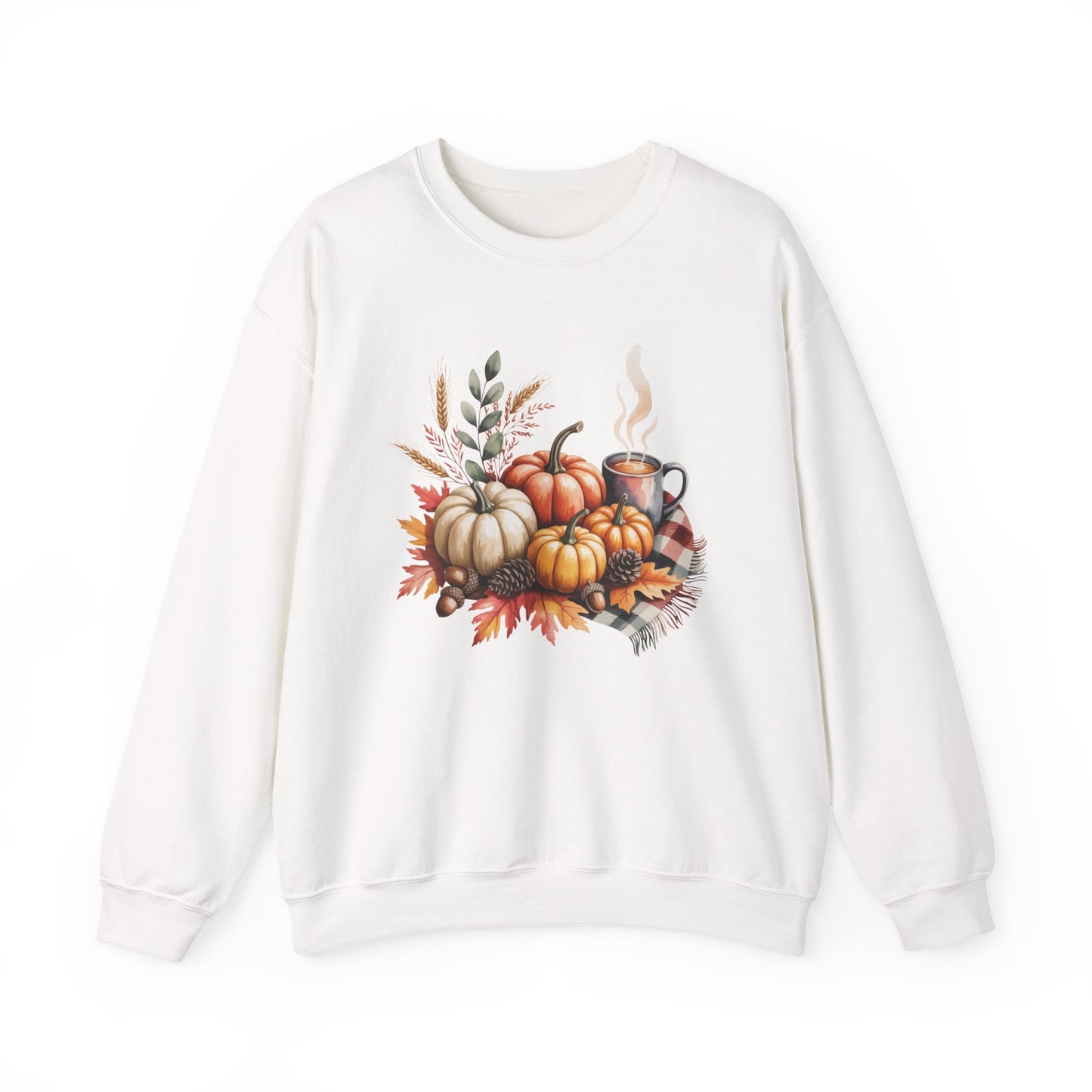 Fall Pumpkin Sweatshirt, Cozy Autumn Crewneck, Thanksgiving Sweater With Pumpkins And Coffee, Fall Leaves Pullover, Seasonal Gift