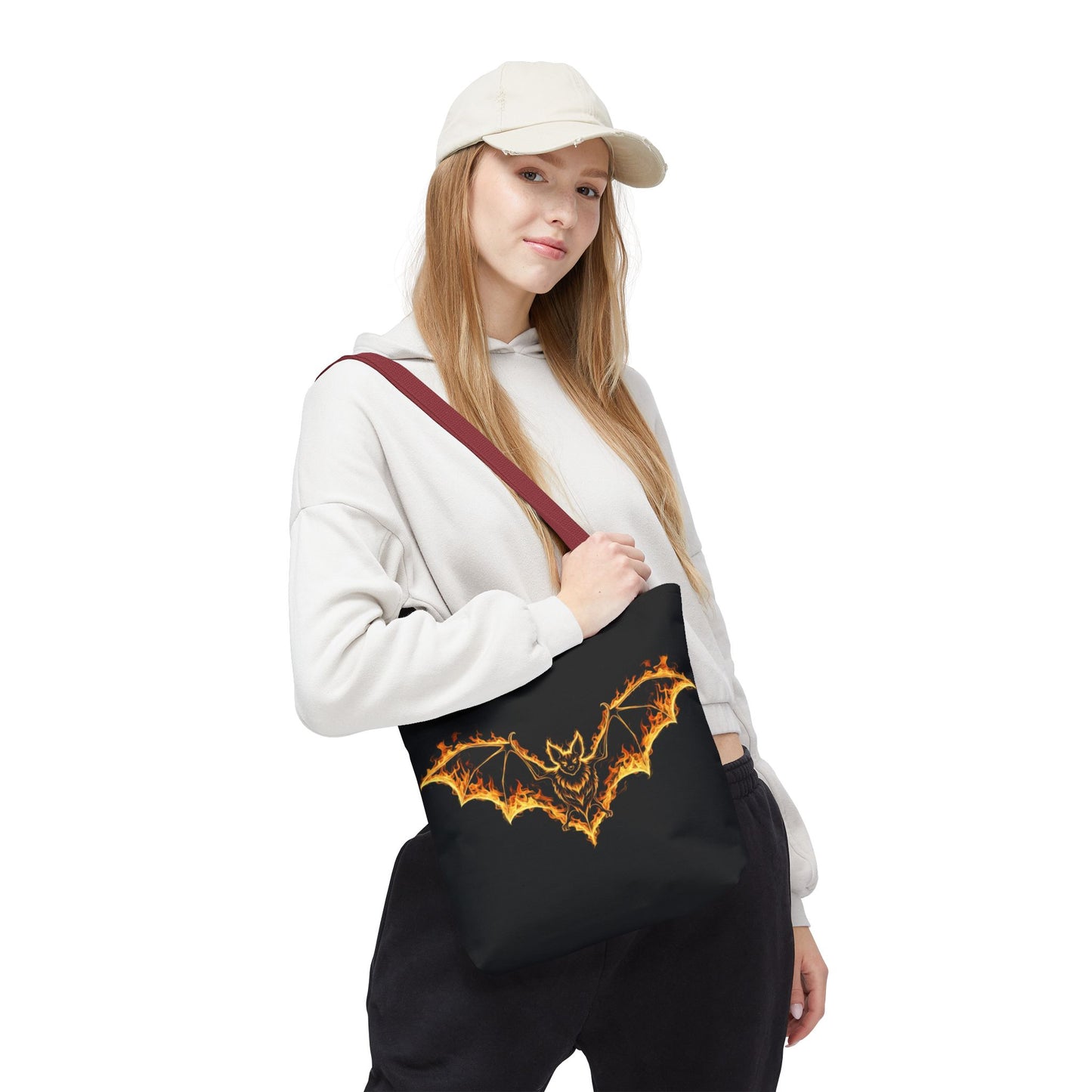 Flaming Bat Tote Bag, Gothic Halloween Canvas Tote, Fiery Wing Bat Design Tote, Spooky Season Accessory, Gothic Gift Tote