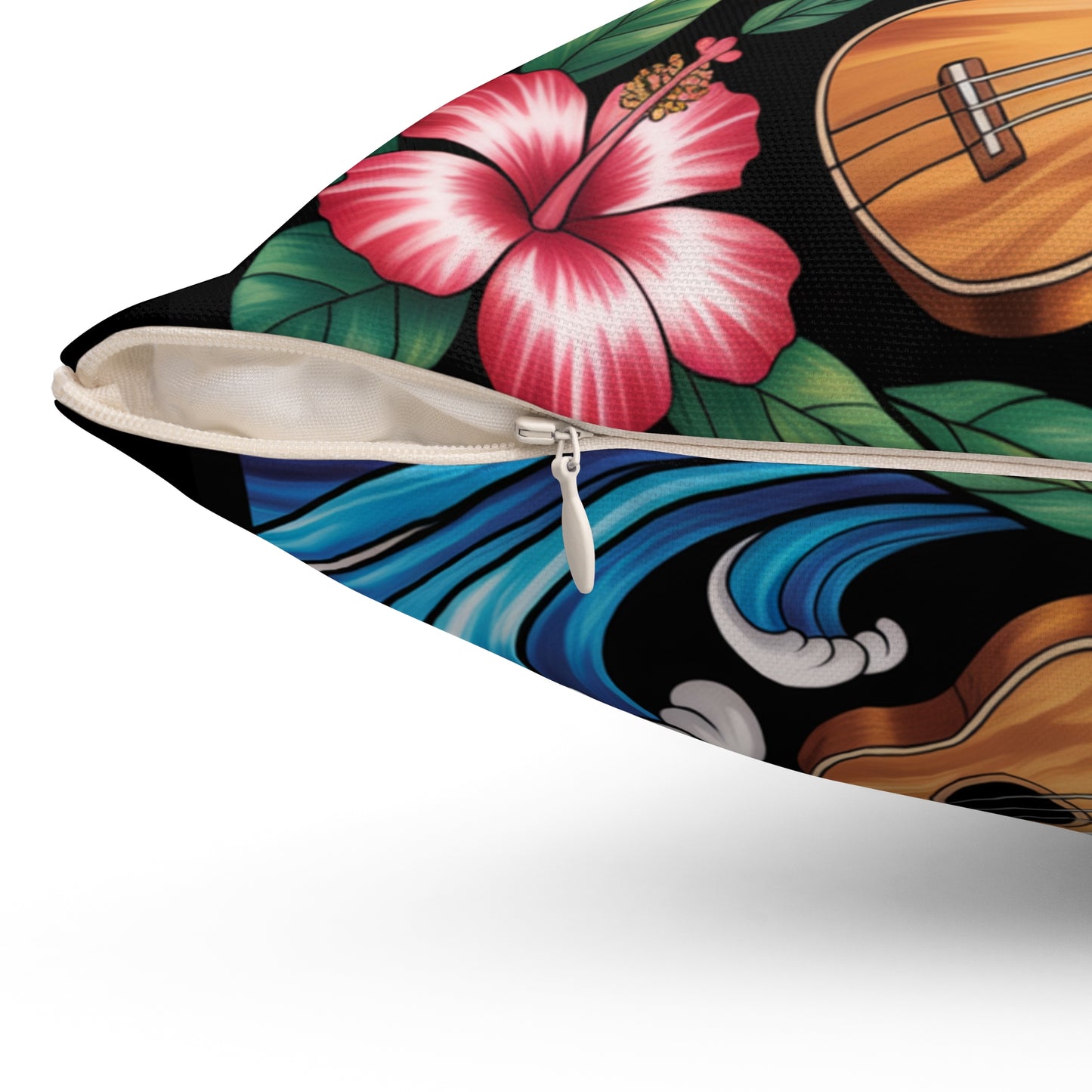 Ohana Throw Pillow – Hawaiian Sunset Cushion with Ukulele & Tropical Flowers, Aloha Decor, Beach House Accent, Family Gift, Island Living