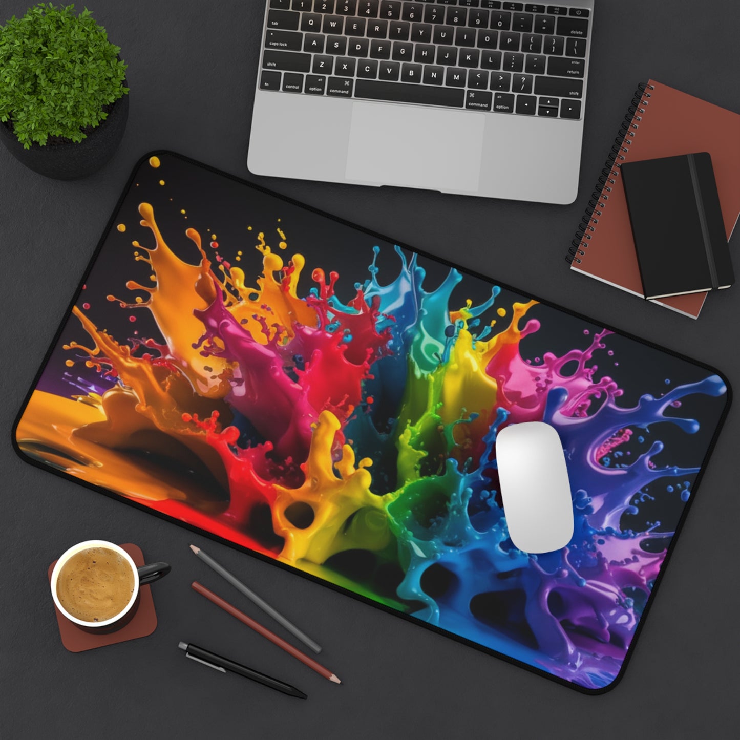 Color Splash Desk Mat – Vibrant Rainbow Paint Splash Mouse Pad, Large Non-Slip Gaming Mat, Artistic Desk Pad, Creative Office Decor