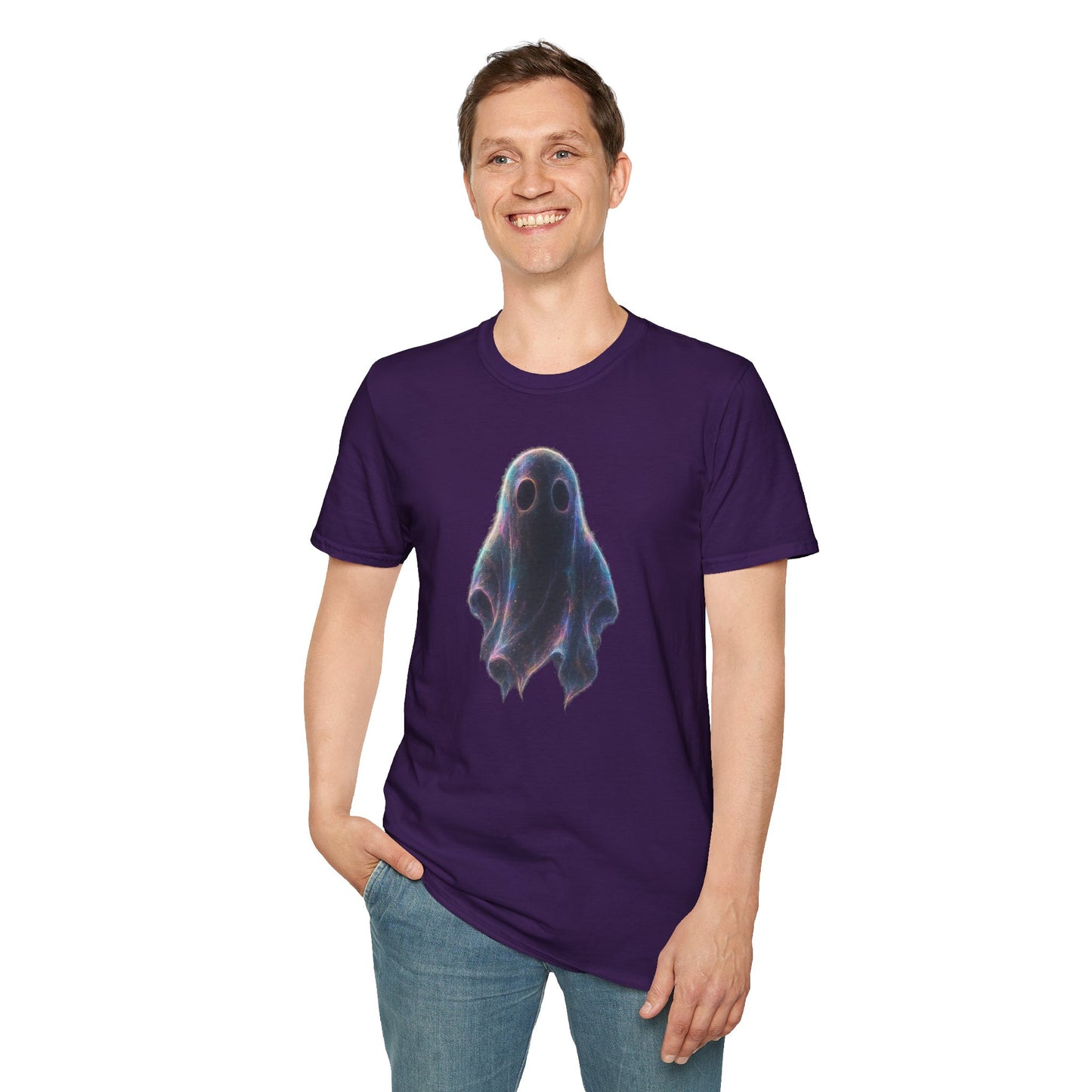 Ethereal Neon Ghost Tee - Iridescent Ghost Graphic T-Shirt, Spooky Aesthetic Halloween Shirt, Vibrant Vaporwave Ghost Tee for Fall
