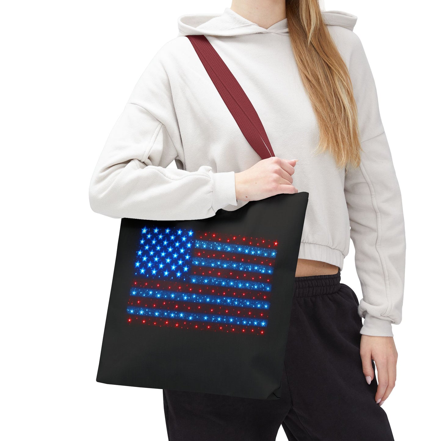 Galaxy Bioluminescent USA Flag Tote Bag - Patriotic Cosmic Canvas Shopper - Starry Red White Blue Tote Non-Glow - 4th July Gift