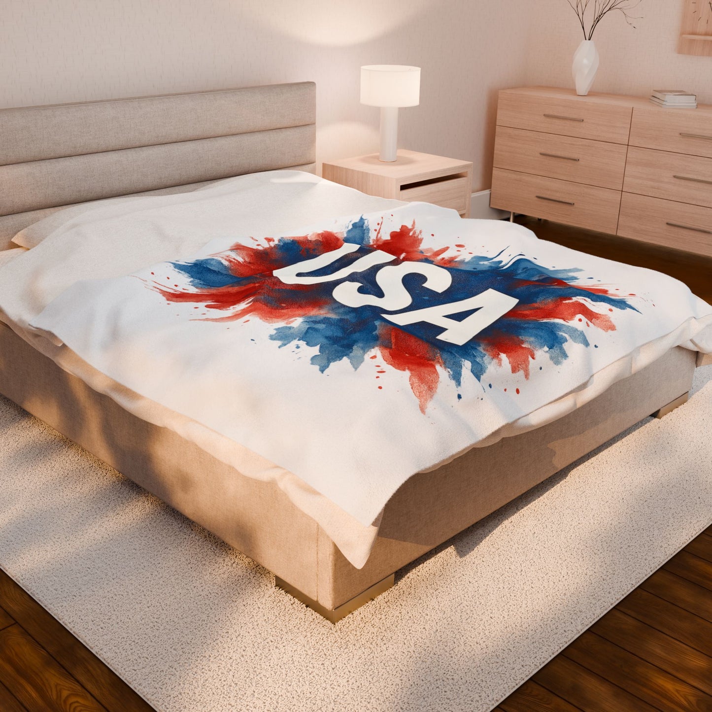 USA Plush Throw Blanket - Soft Polyester Patriotic Blanket for Bed or Couch, Red White Blue 4th of July Decor, Veteran or Citizenship Gift
