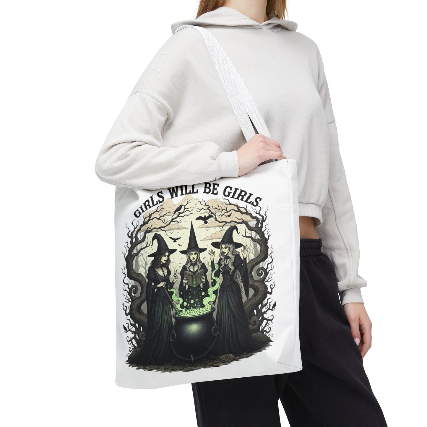Girls Will Be Girls Halloween Tote Bag, Witchy Aesthetic Bag, Gothic Witches Cauldron Art, Spooky Gift, Reusable Eco Tote For Halloween Lovers