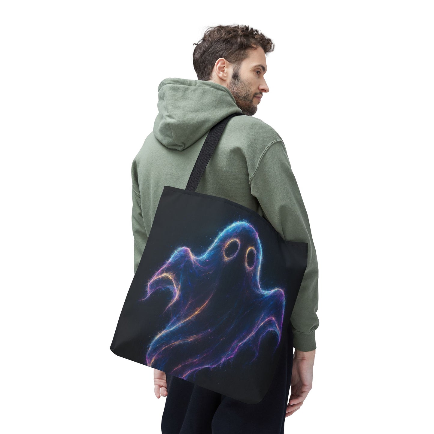Neon Ghost Tote Bag, Spooky Halloween Canvas Tote, Glowing Cosmic Ghost Design Bag, Reusable Trick Or Treat Tote, Gothic Gift Accessory