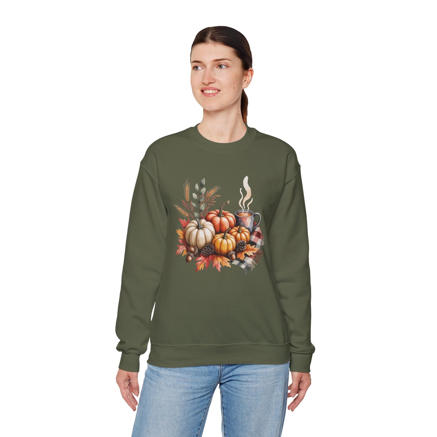 Fall Pumpkin Sweatshirt, Cozy Autumn Crewneck, Thanksgiving Sweater With Pumpkins And Coffee, Fall Leaves Pullover, Seasonal Gift