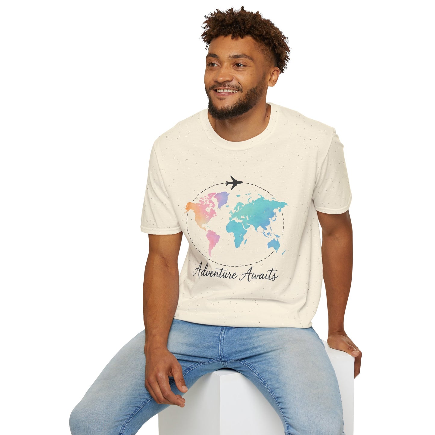 Adventure Awaits Travel Shirt | Watercolor World Map Tee for Women and Men | Wanderlust Gift for Travelers, Hikers, Campers, Beach Lovers