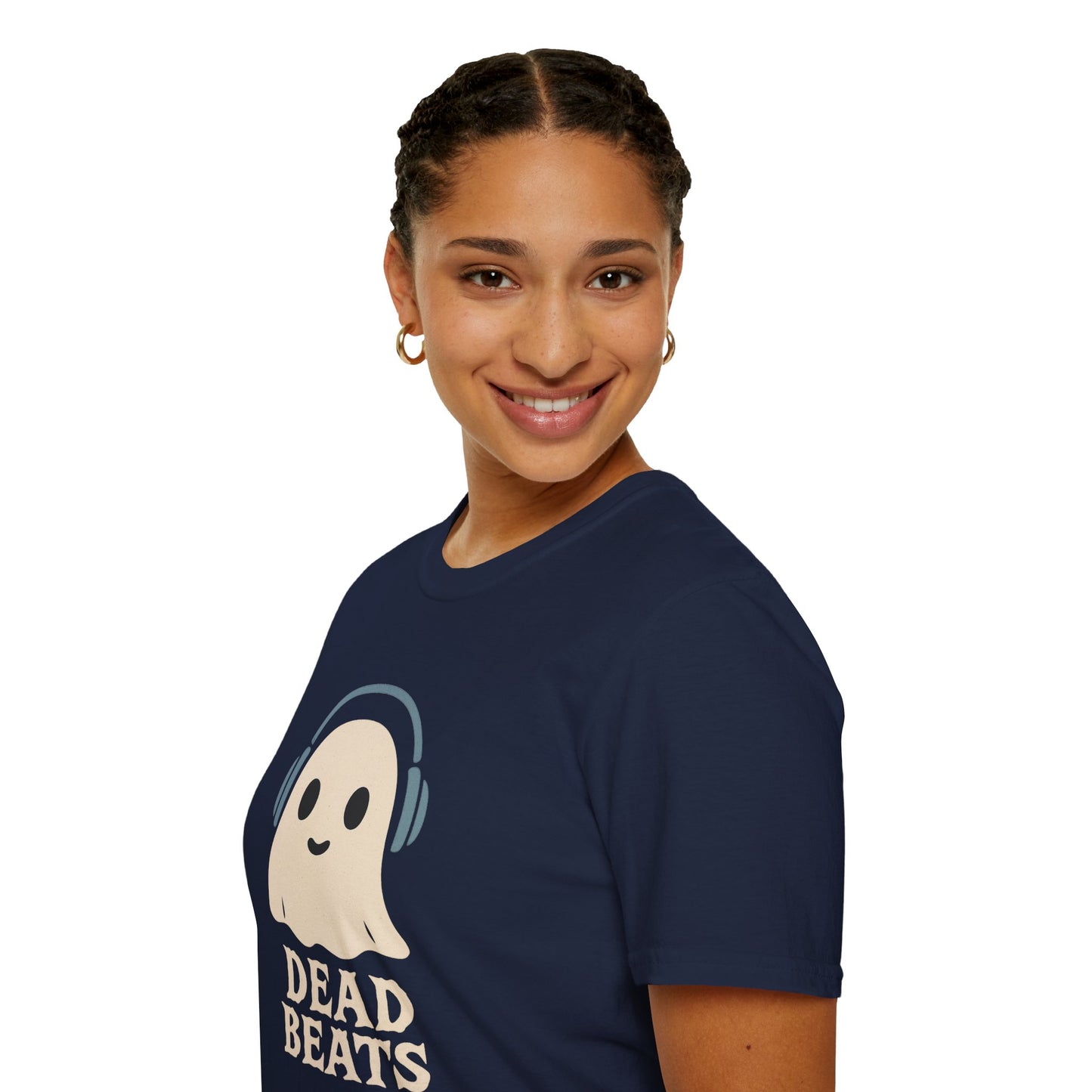 Dead Beats Ghost T-Shirt - Funny Music Halloween Shirt - Cute Ghost with Headphones Tee - Gift for DJs, Musicians and Spooky Season