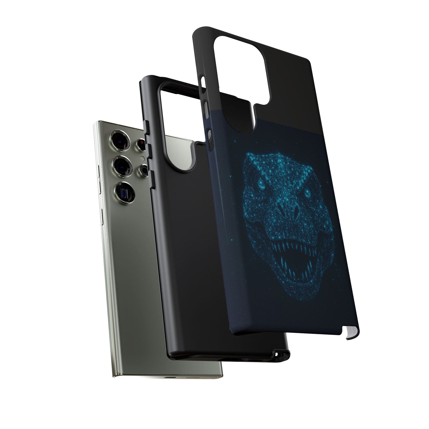 Bioluminescent T-Rex Samsung Case - Galaxy Tough Dual-Layer Cover, Cosmic Dino Particle Design, S25 S24 S23 Gift