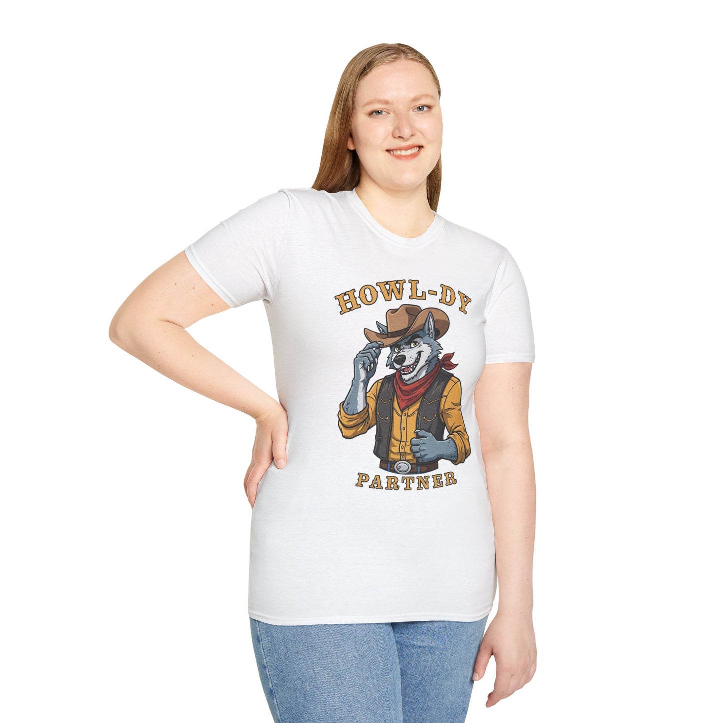 Howl-dy Partner Wolf Cowboy T-Shirt | Western Howling Wolf Graphic Tee, Funny Animal Shirt, Cowboy Gifts, Rustic Country Tee