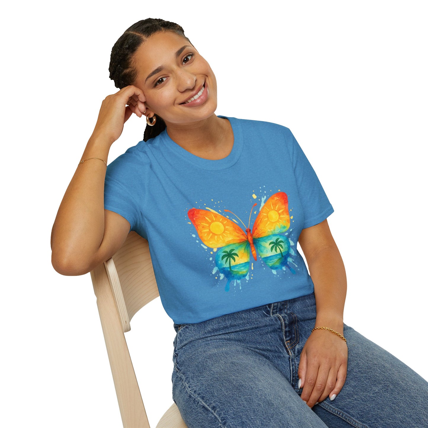 Butterfly Sunset Beach Tee - Ocean & Palm Watercolor Butterfly T-Shirt, Coastal Boho Graphic, Nature Lover Gift, Unisex Casual Tee