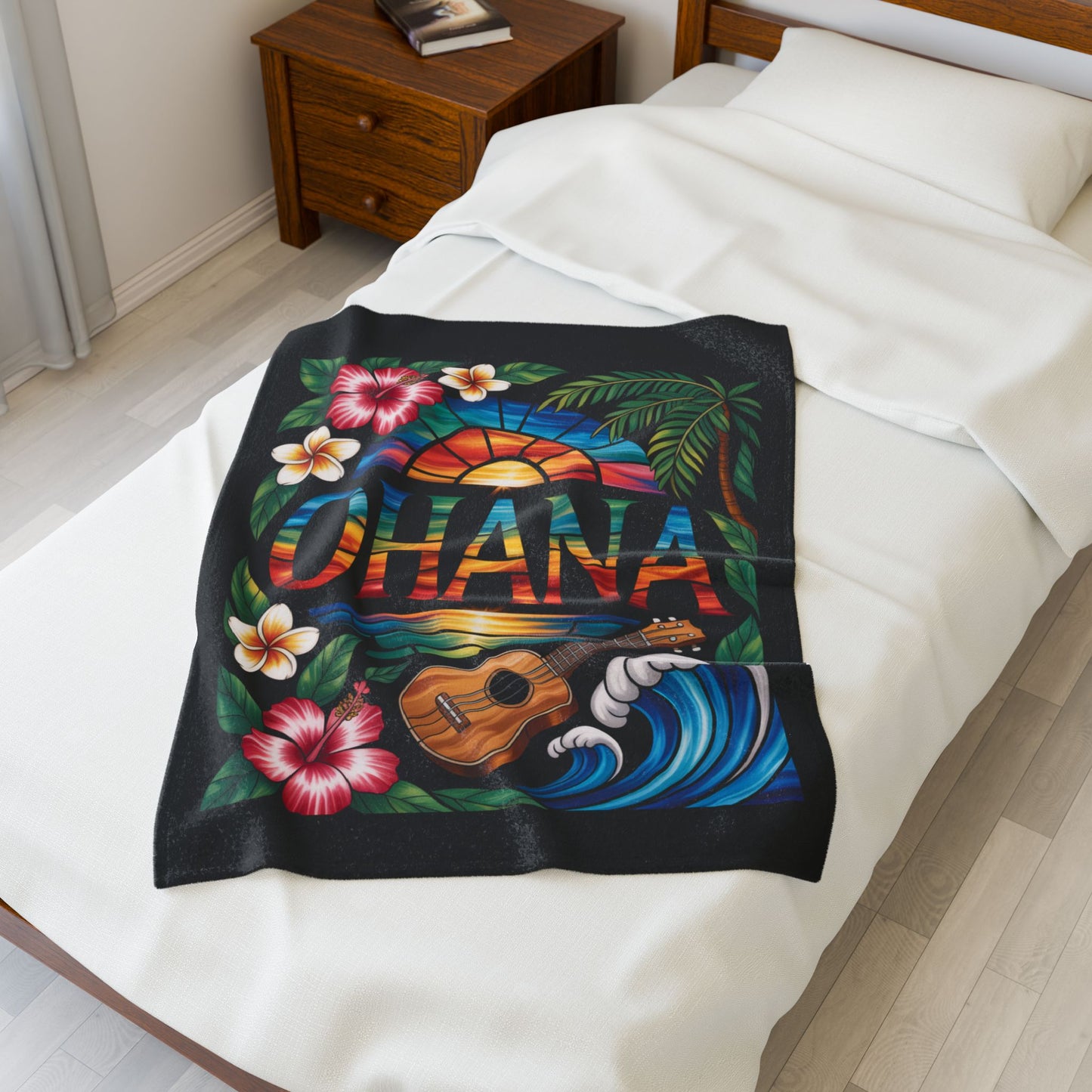 Hawaiian Ohana Blanket - Tropical Ukulele Sunset Throw with Hibiscus Flowers, Beach Waves - Cozy Island Vibes Bed Cover Gift