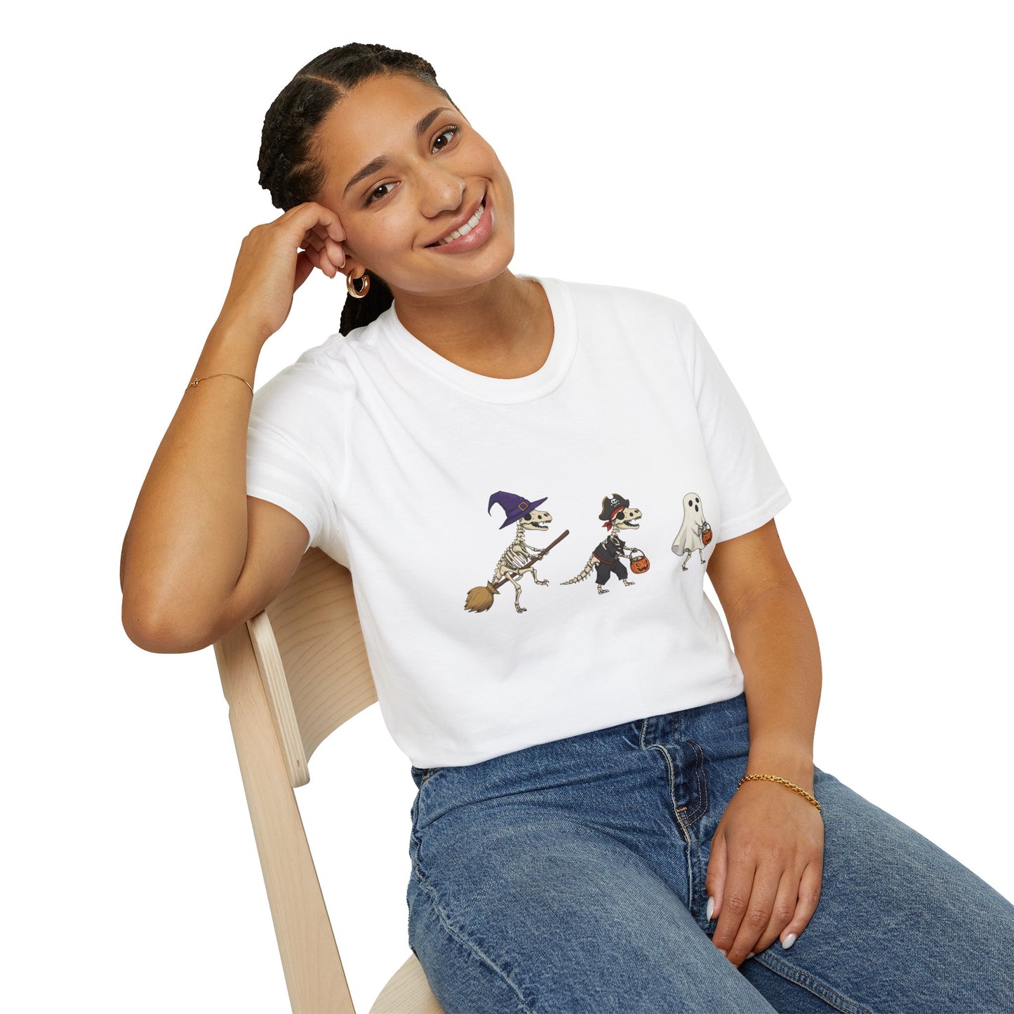 Halloween Dinosaur Skeleton Shirt - Trick-or-Treat Dino Tee, Funny T-Rex Ghost and Witch Costume Shirt, Spooky Cute Skeleton Tee, Unisex