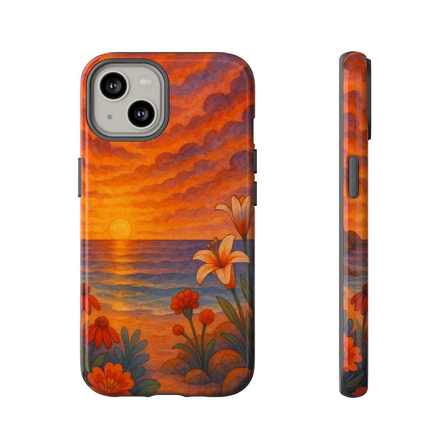 iPhone Case - Floral Ocean Sunset Watercolor Tough Case Nautical Phone Case Beach iPhone Case Ocean Sunset Theme
