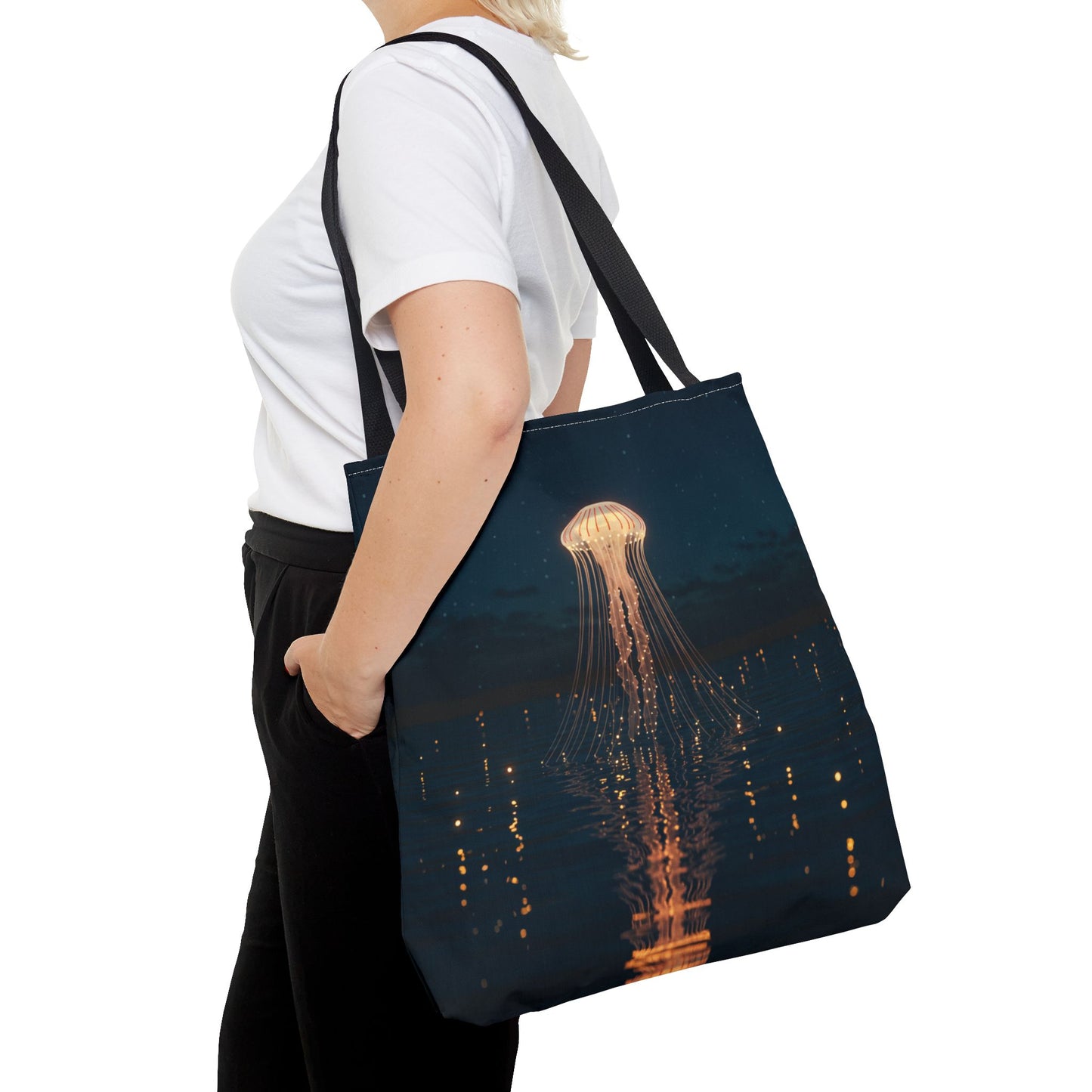 Luminous Jellyfish Tote Bag, Glow-Inspired Ocean Design Shoulder Bag, Durable Polyester Tote For Everyday Style, Gifts, And Coastal Fashion