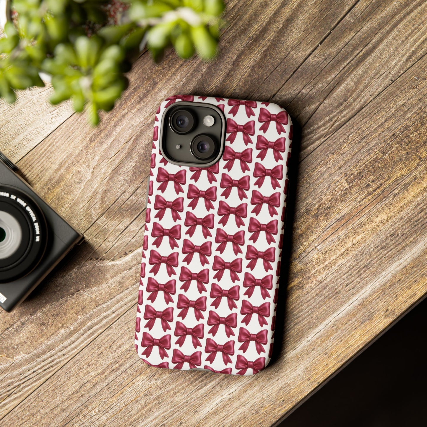 Coquette Bow iPhone Case - Burgundy Ribbon Pattern Phone Cover, Girly Aesthetic Accessory, Cute Gift for Her