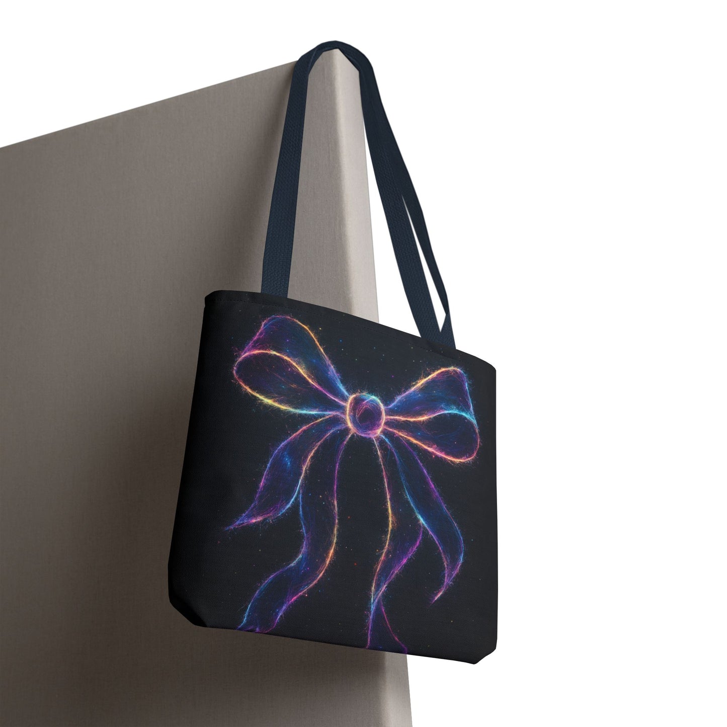 Galaxy Glow Bow Tote Bag, Cosmic Neon Ribbon Design, Black Space Art Bag, Celestial Gift For Her, Stylish Reusable Everyday Tote