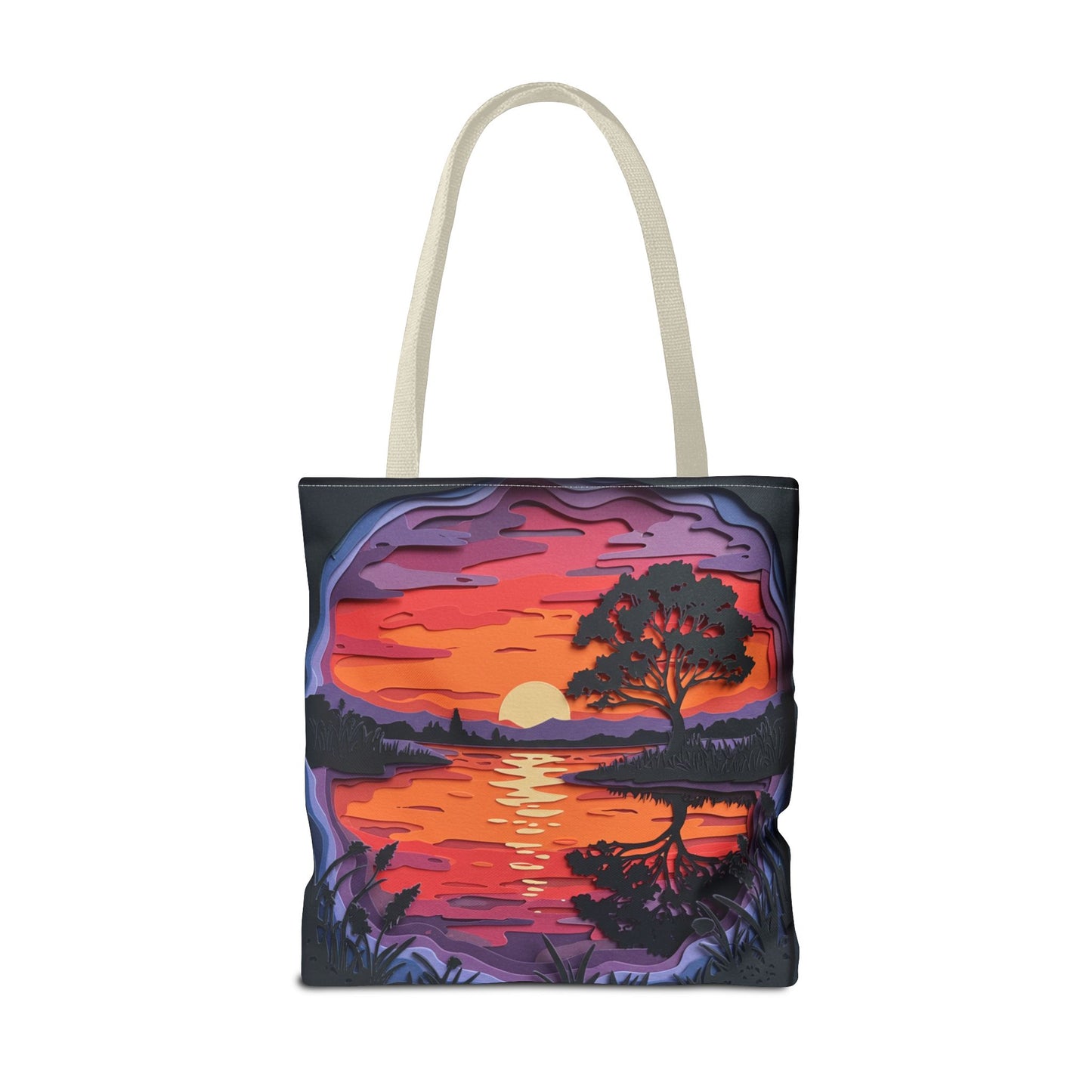 Sunset Landscape Canvas Tote Bag – Paper‑Art Inspired Nature Scene Tote – Colorful Sunset Market Tote, Eco Reusable Beach Bag, Vibrant Gift for Her