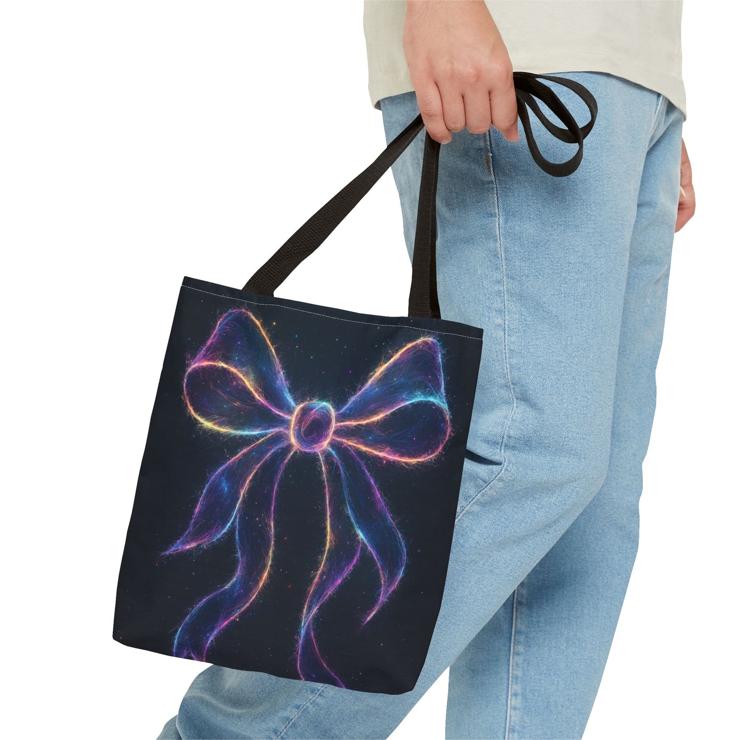 Galaxy Glow Bow Tote Bag, Cosmic Neon Ribbon Design, Black Space Art Bag, Celestial Gift For Her, Stylish Reusable Everyday Tote