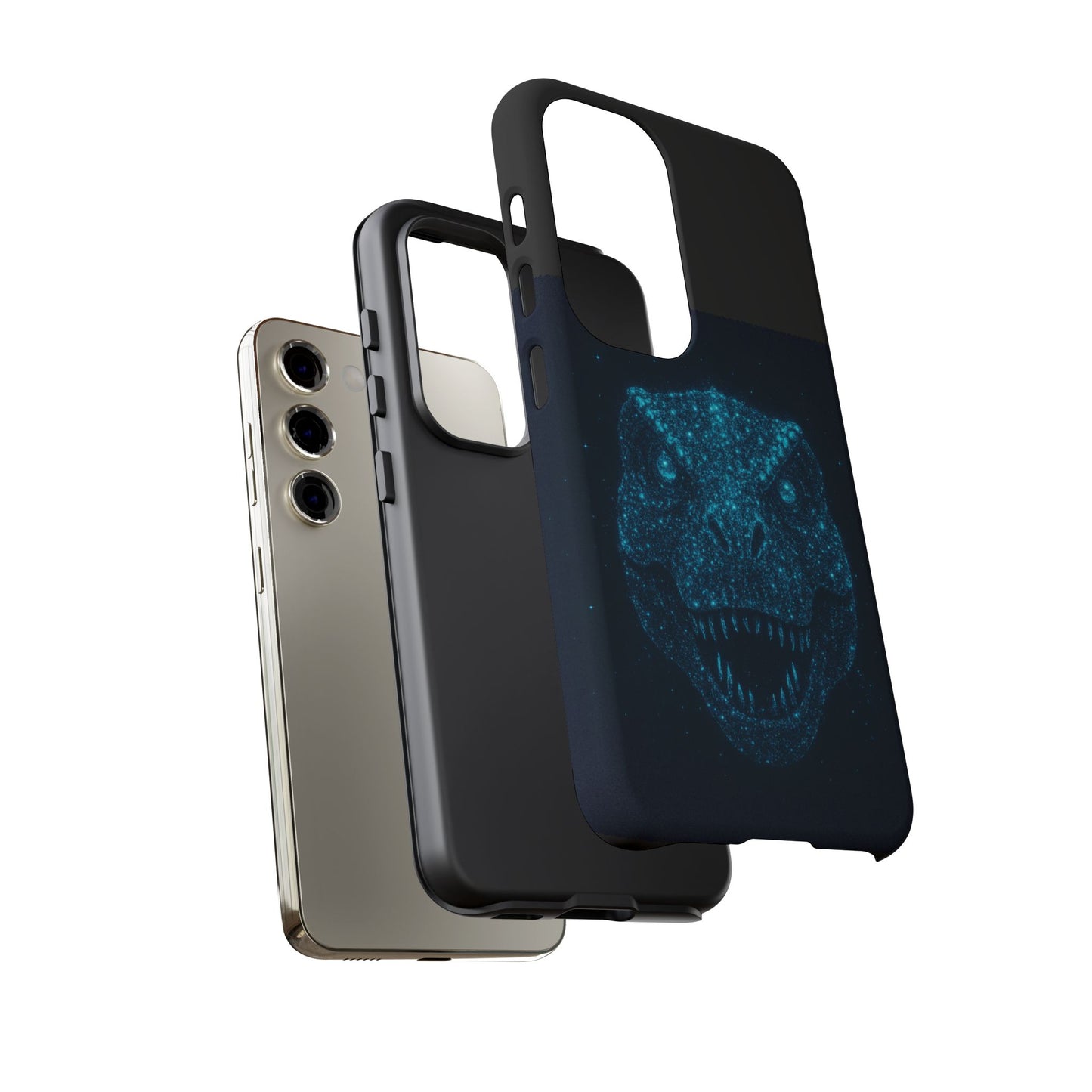 Bioluminescent T-Rex Samsung Case - Galaxy Tough Dual-Layer Cover, Cosmic Dino Particle Design, S25 S24 S23 Gift