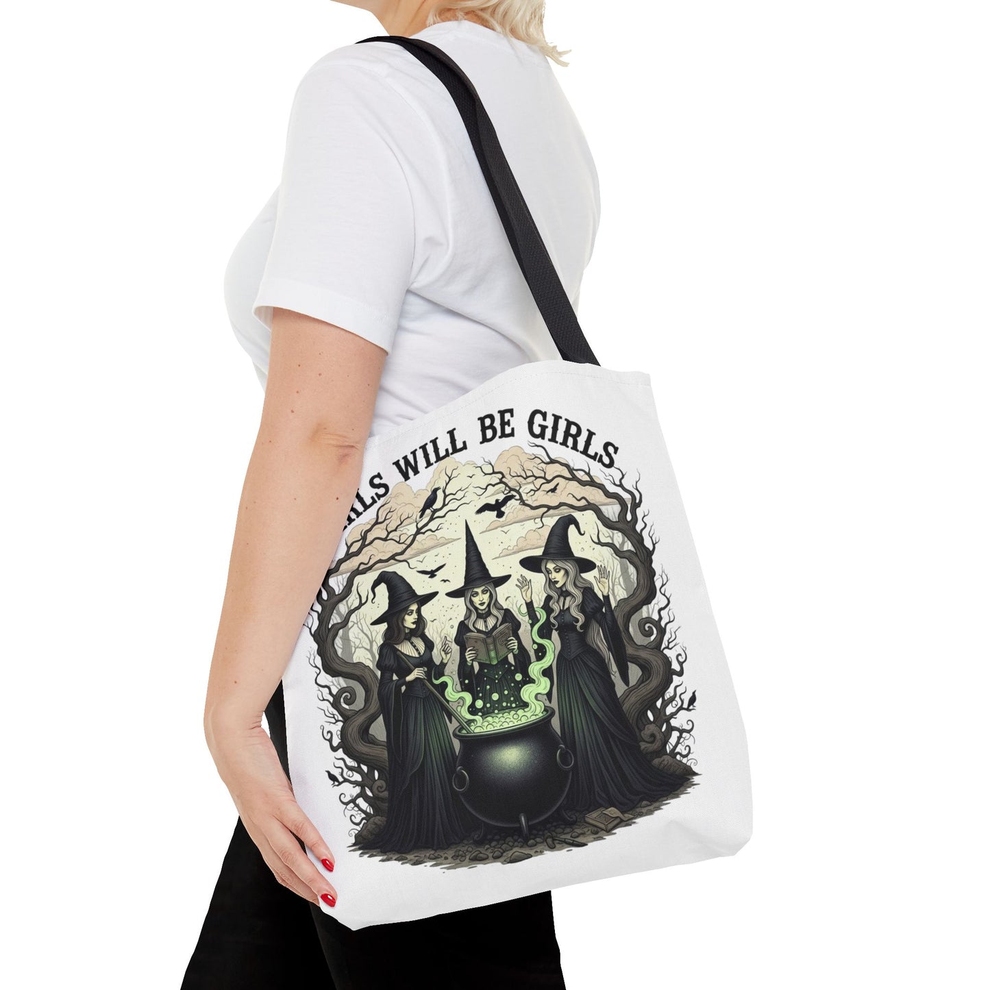 Girls Will Be Girls Halloween Tote Bag, Witchy Aesthetic Bag, Gothic Witches Cauldron Art, Spooky Gift, Reusable Eco Tote For Halloween Lovers