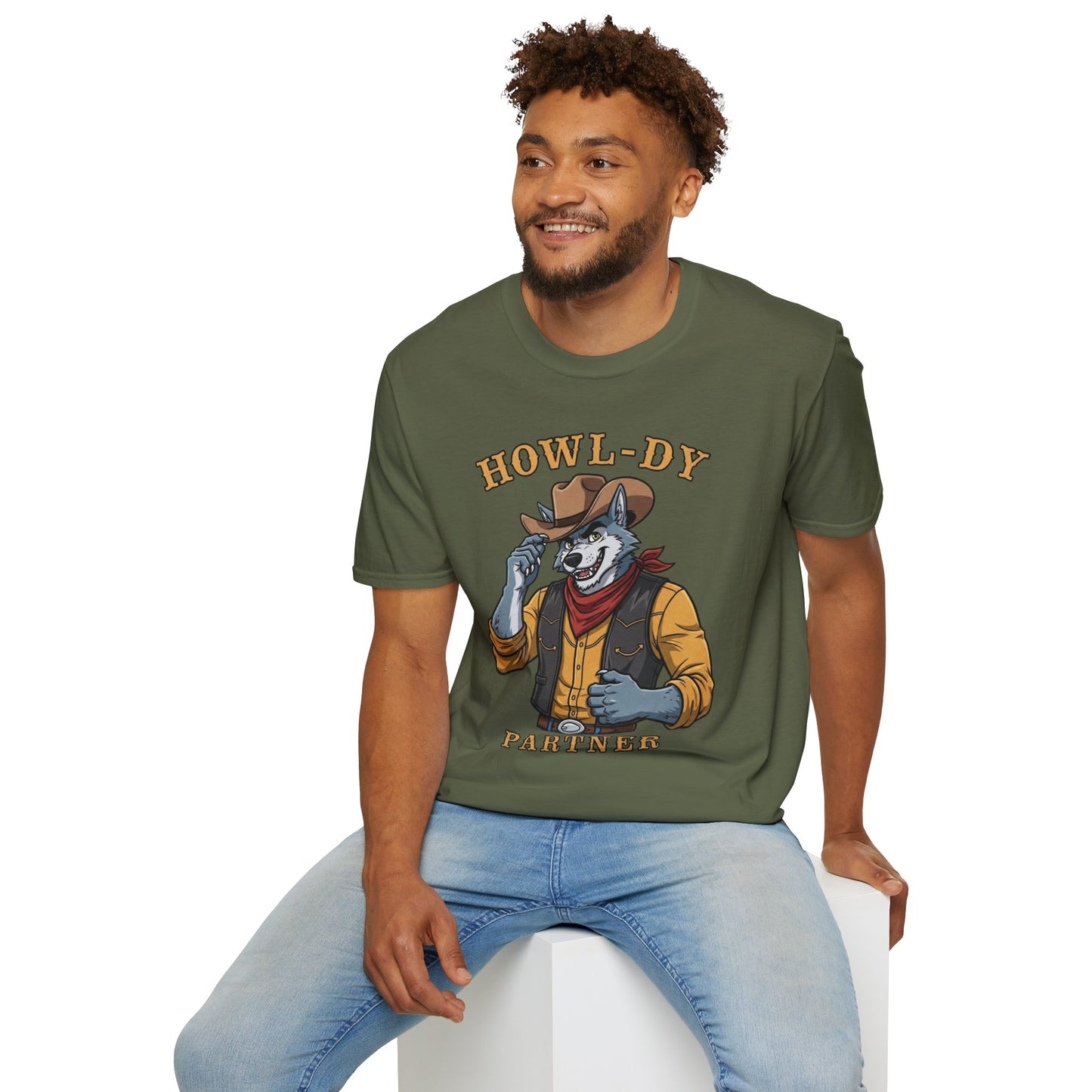 Howl-dy Partner Wolf Cowboy T-Shirt | Western Howling Wolf Graphic Tee, Funny Animal Shirt, Cowboy Gifts, Rustic Country Tee