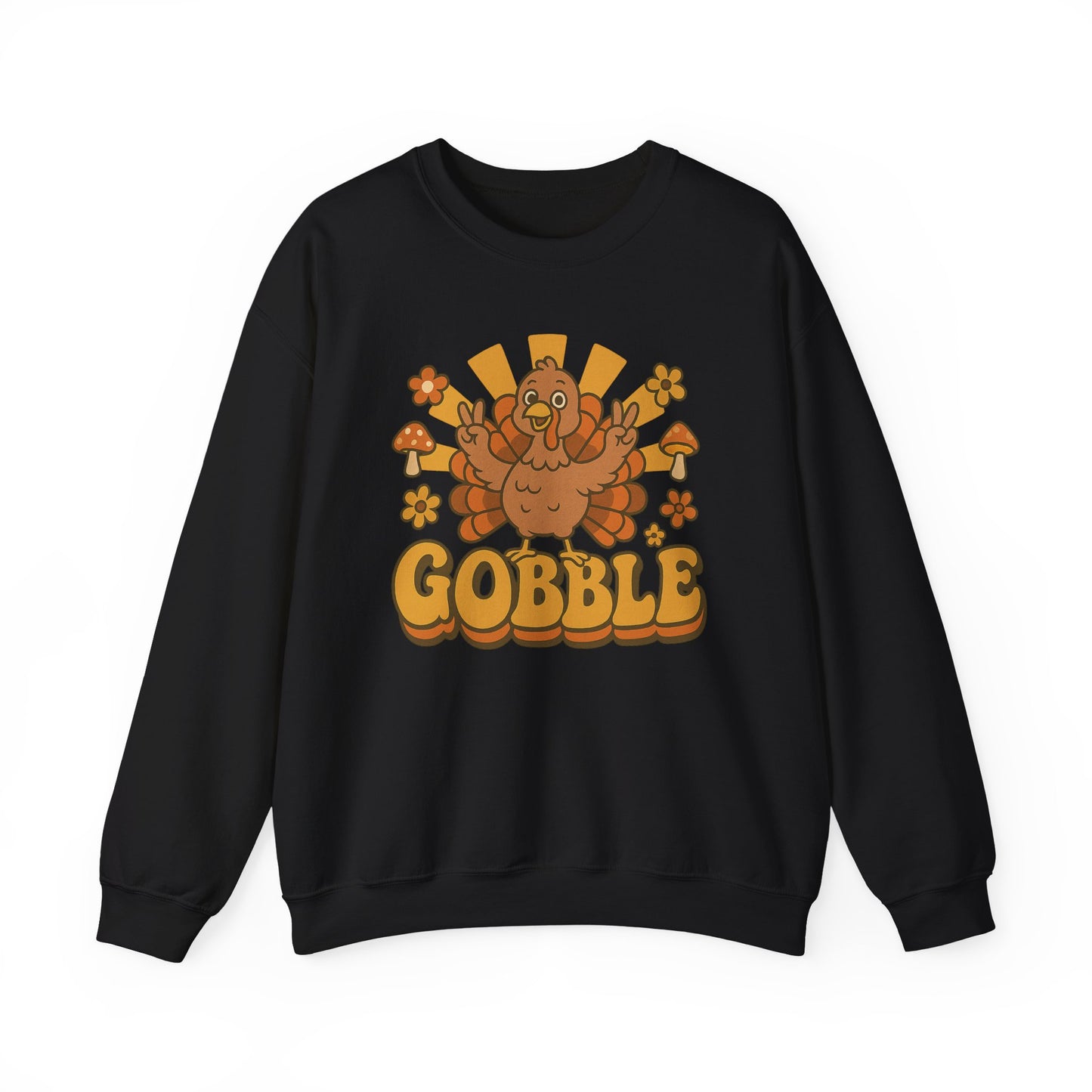 Gobble Turkey Sweatshirt, Retro Fall Turkey Crewneck, Thanksgiving Graphic Pullover, Autumn Mushroom & Flower Design, Cozy Fall Top