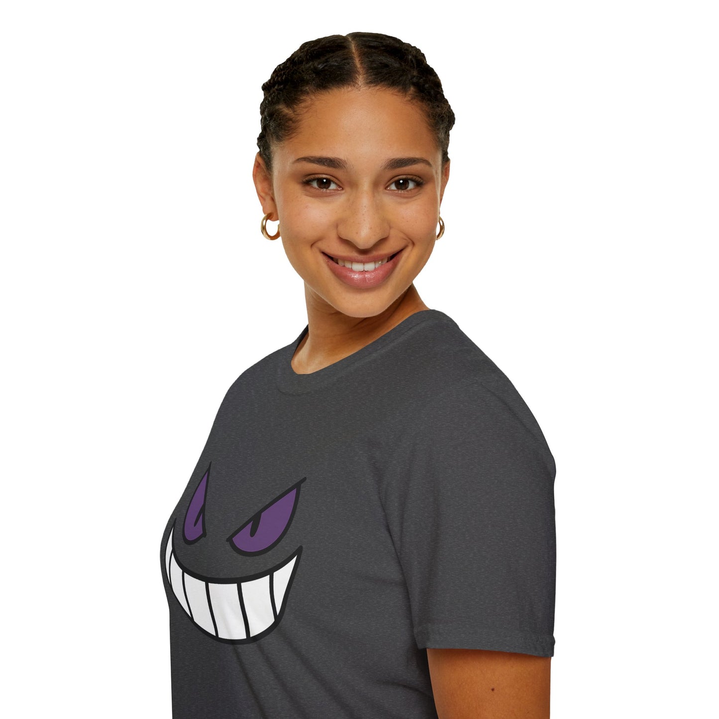Mischievous Shadow Face Tee - Purple Eyes and Big Grin Graphic Shirt | Spooky Cute Gift, Retro Gaming Vibe, Funny Halloween Unisex Top