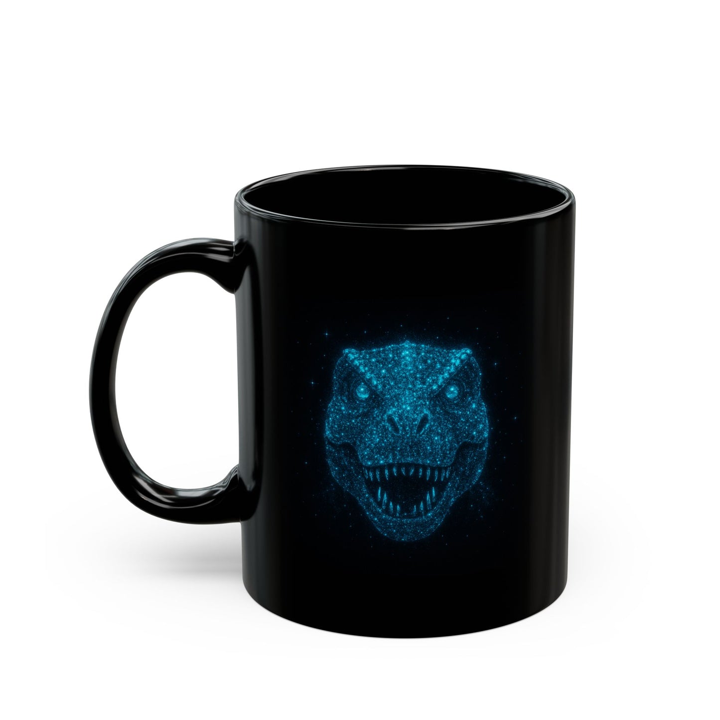 Galaxy Dinosaur Coffee Mug • Neon Blue T-Rex Cup • Cosmic Dinosaur Art Mug • Sci-Fi Dino Gift • Black Ceramic Coffee Mug 11oz 15oz