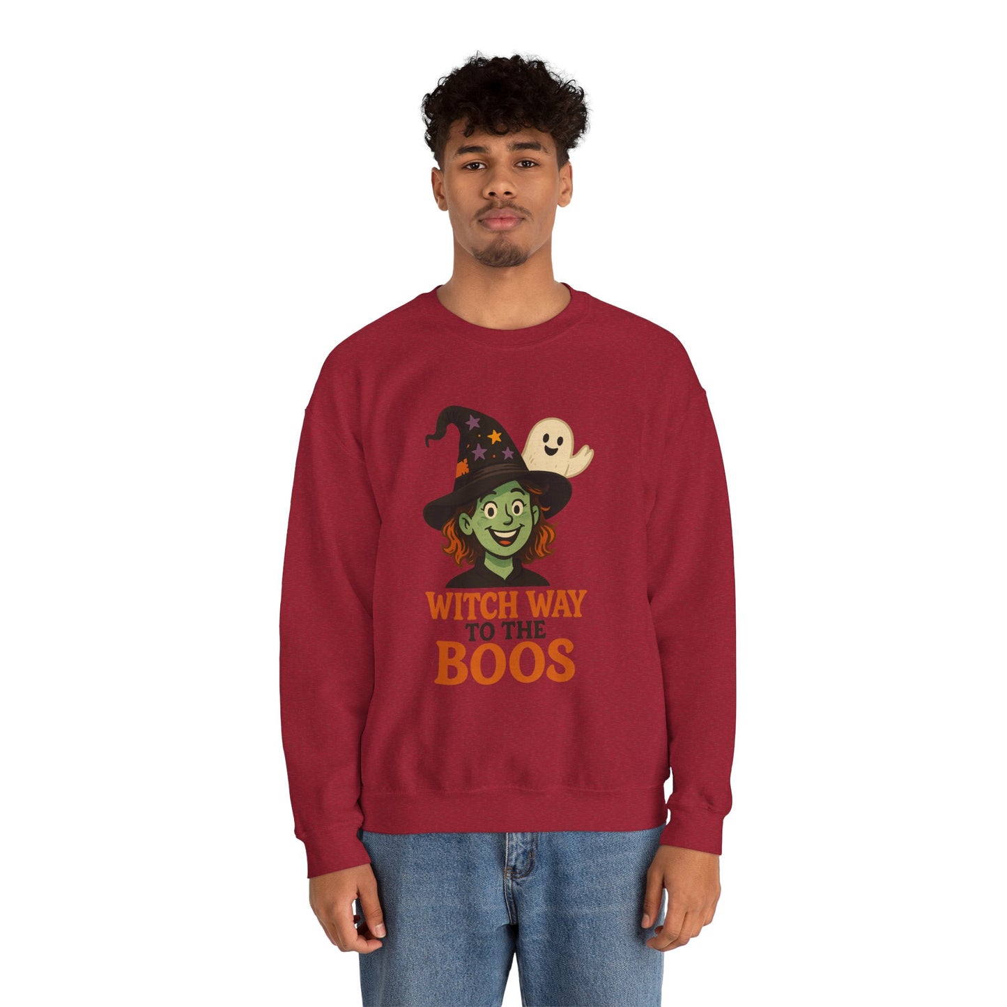 Witch Way To The Boos Sweatshirt, Funny Witch Halloween Crewneck, Witchy Ghost Sweatshirt, Spooky Season Graphic Pullover, Lighthearted Halloween Wear