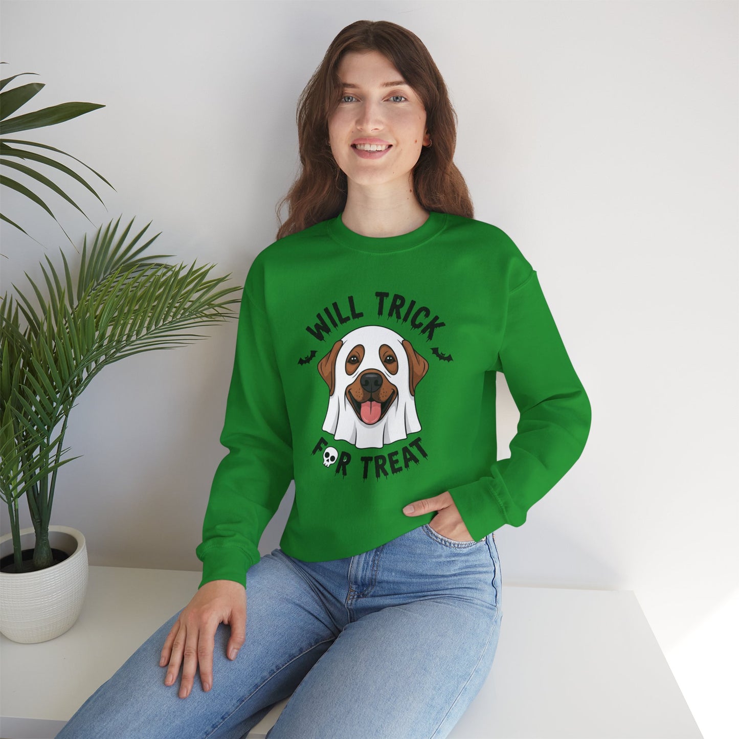 Will Trick for Treat Sweatshirt, Ghost Dog Halloween Crewneck, Funny Pet Costume Graphic Pullover, Trick-or-Treat Dog Lover Gift Sweater
