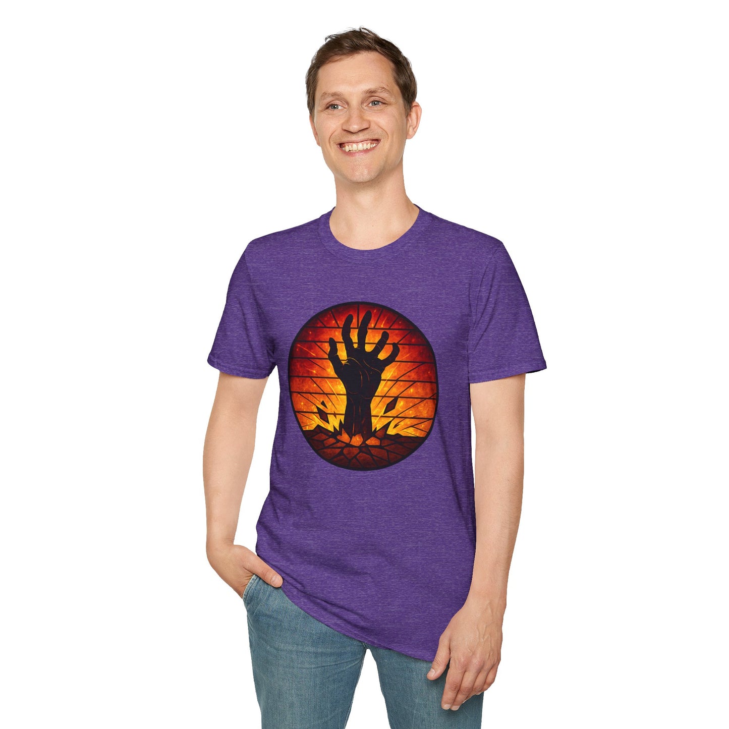 Zombie Hand Sunset T-Shirt – Stained Glass Horror Shirt, Halloween Gothic Tee, Undead Rising Art Tee, Creepy Spooky Shirt for Fall