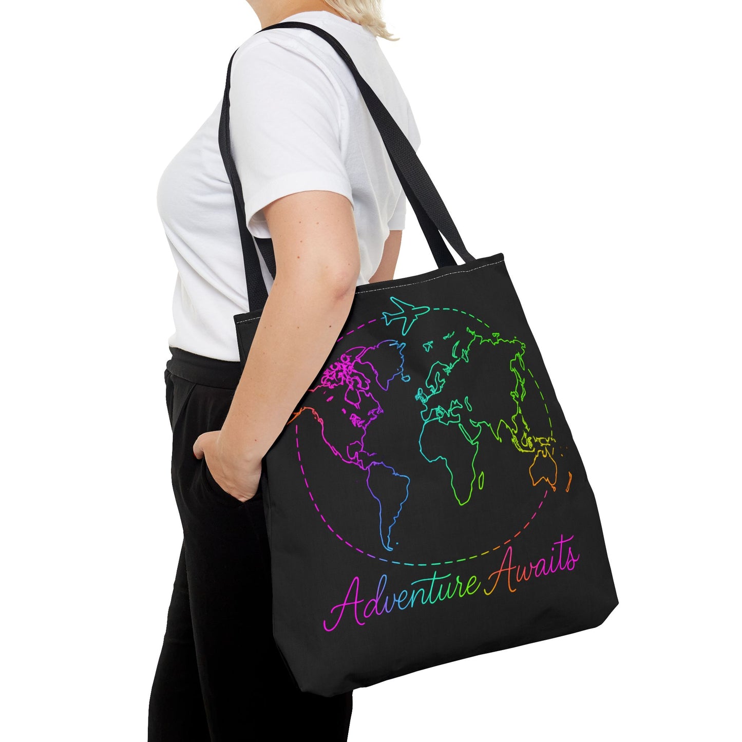 Adventure Awaits Neon Tote Bag - Y2K Rainbow World Map and Plane Travel Tote, Reusable Canvas Tote for Airport, Beach, Market + Gift