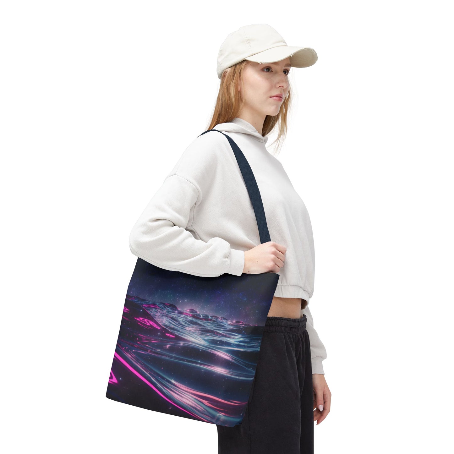 Neon Wave Horizon Tote Bag, Futuristic Ocean Design With Pink And Blue Light, Sci-Fi Aesthetic Reusable Tote For Travel, Gifts, And Everyday Use
