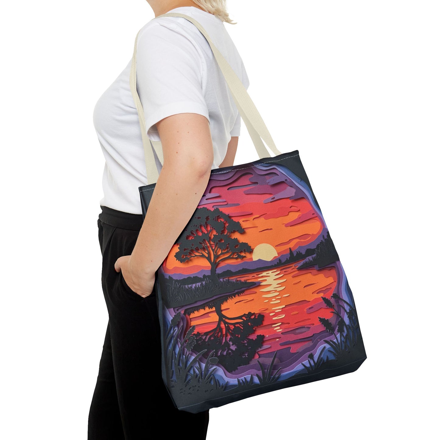 Sunset Landscape Canvas Tote Bag – Paper‑Art Inspired Nature Scene Tote – Colorful Sunset Market Tote, Eco Reusable Beach Bag, Vibrant Gift for Her