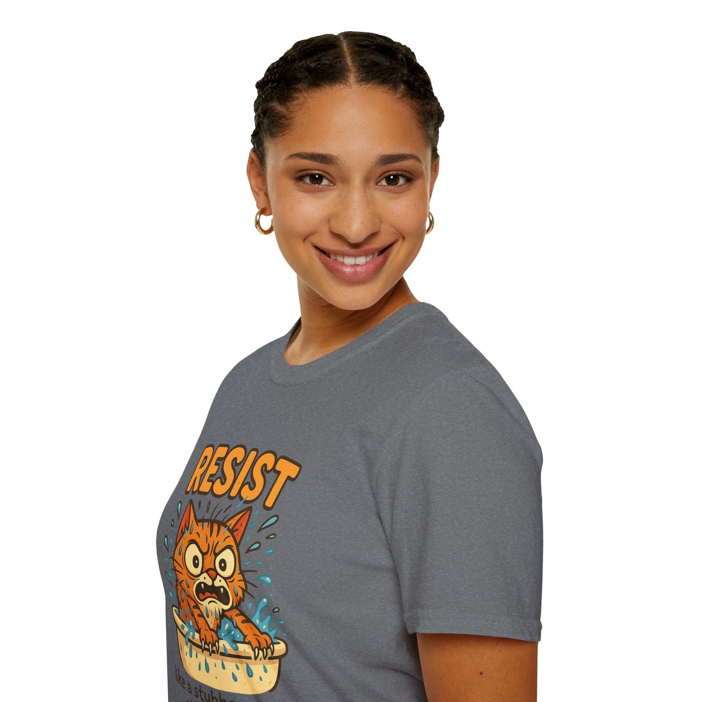 Resist Like A Stubborn Cat At Bathtime Funny Cat Lover Graphic Tee - Quirky Self Care Shirt - Gift For Pet Moms, Dads and Humor Fans