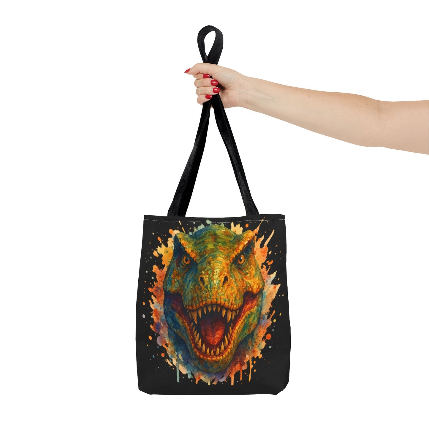 T-Rex Watercolor Tote Bag - 100% Polyester Canvas, Vibrant Dinosaur Art Bag, Reusable Beach-Market Tote, Dino Lover Gift, Bold Style