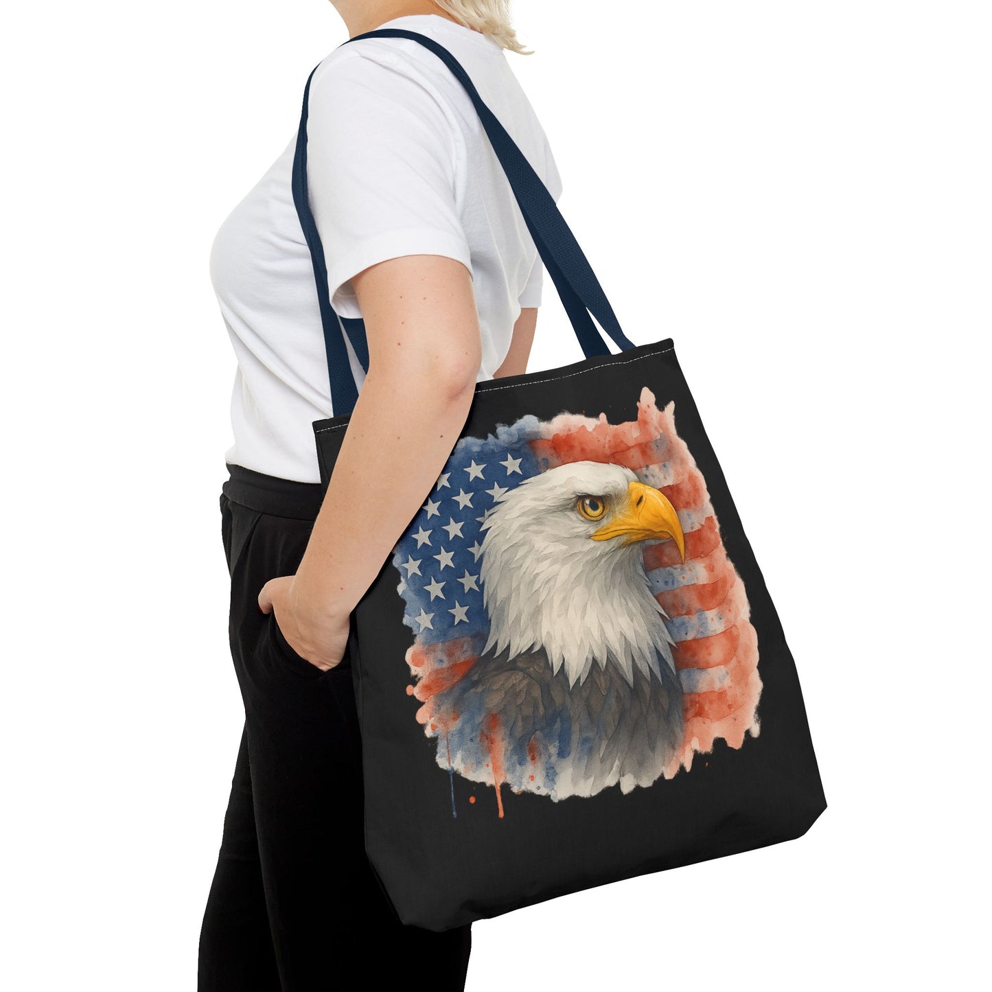 Patriotic Tote Bag with American Flag and Bald Eagle Watercolor Print 4th of July Bag Memorial Day Tote Veteran's Day Tote Bag