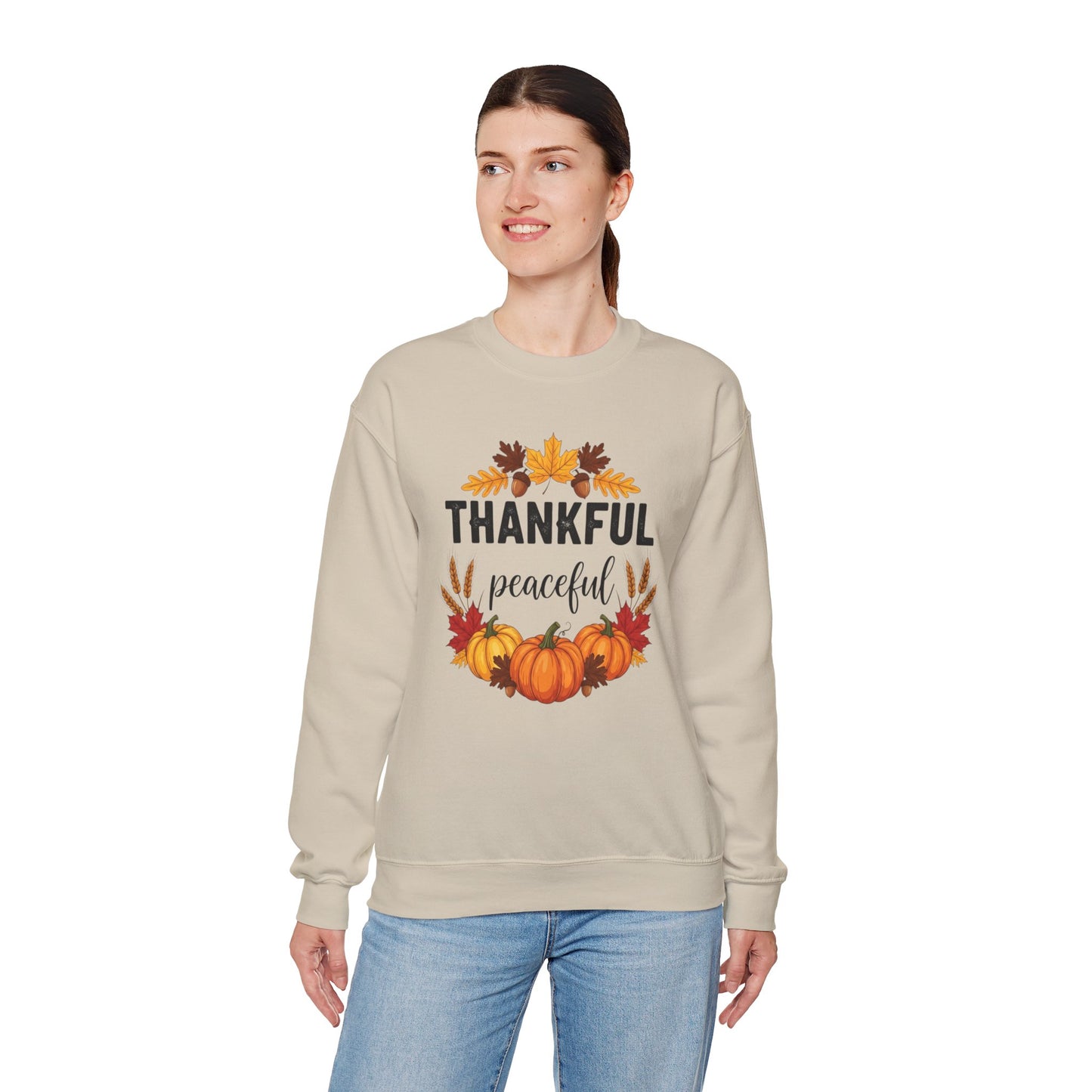 Thankful Peaceful Fall Sweatshirt, Autumn Pumpkin Crewneck, Thanksgiving Sweater, Cozy Seasonal Pullover, Gratitude Gift For Women Men