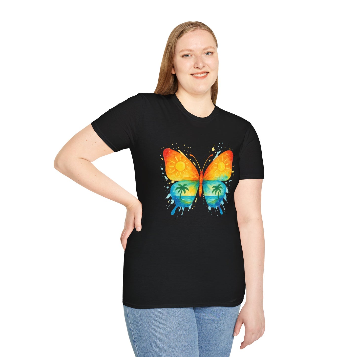 Butterfly Sunset Beach Tee - Ocean & Palm Watercolor Butterfly T-Shirt, Coastal Boho Graphic, Nature Lover Gift, Unisex Casual Tee