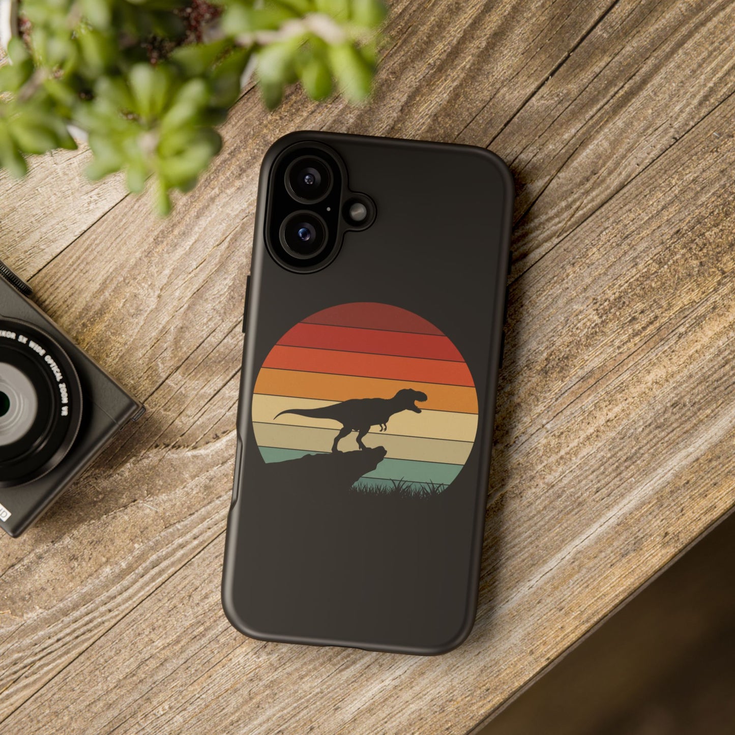 Retro Sunset Dinosaur iPhone Case | T‑Rex Silhouette Vintage Phone Cover for iPhone 14/15/16 Pro | Aesthetic Dinosaur Gift