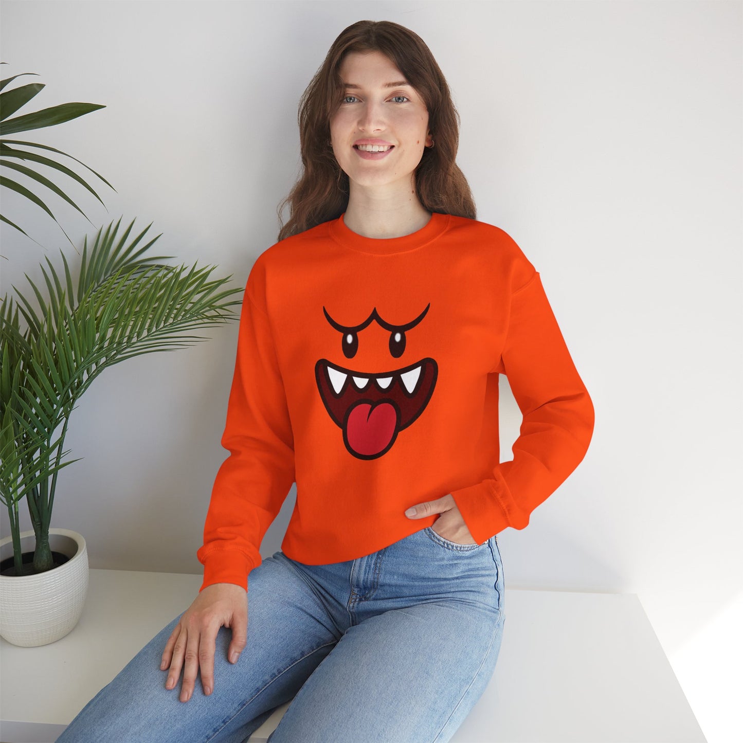 Spooky Grin Sweatshirt, Cartoon Ghost Face Crewneck, Halloween Grinning Ghost Sweatshirt, Cute Monster Smile Pullover, Spooky Season Graphic Sweat