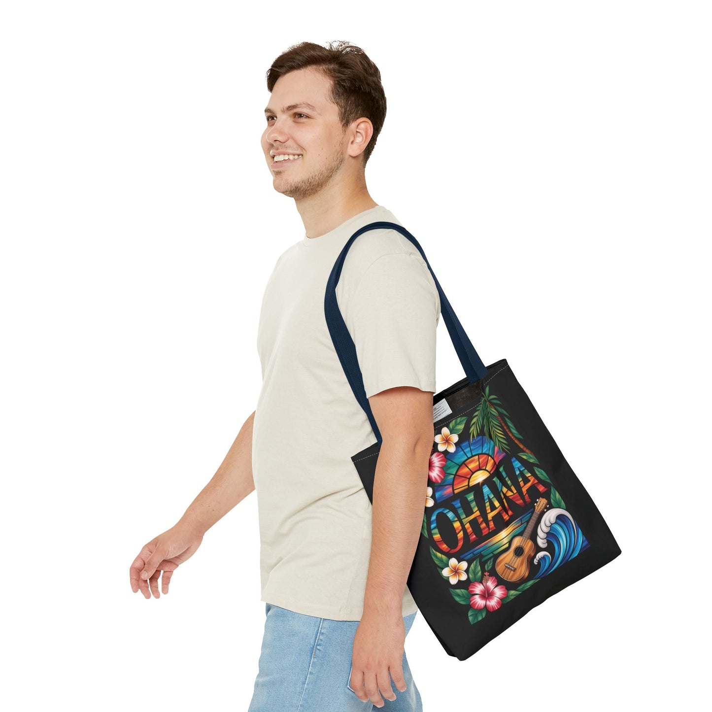 Ohana Tote Bag – Hawaiian Tropical Beach Bag with Ukulele, Sunset & Hibiscus Flowers, Island Gift for Women, Aloha Family Vibes