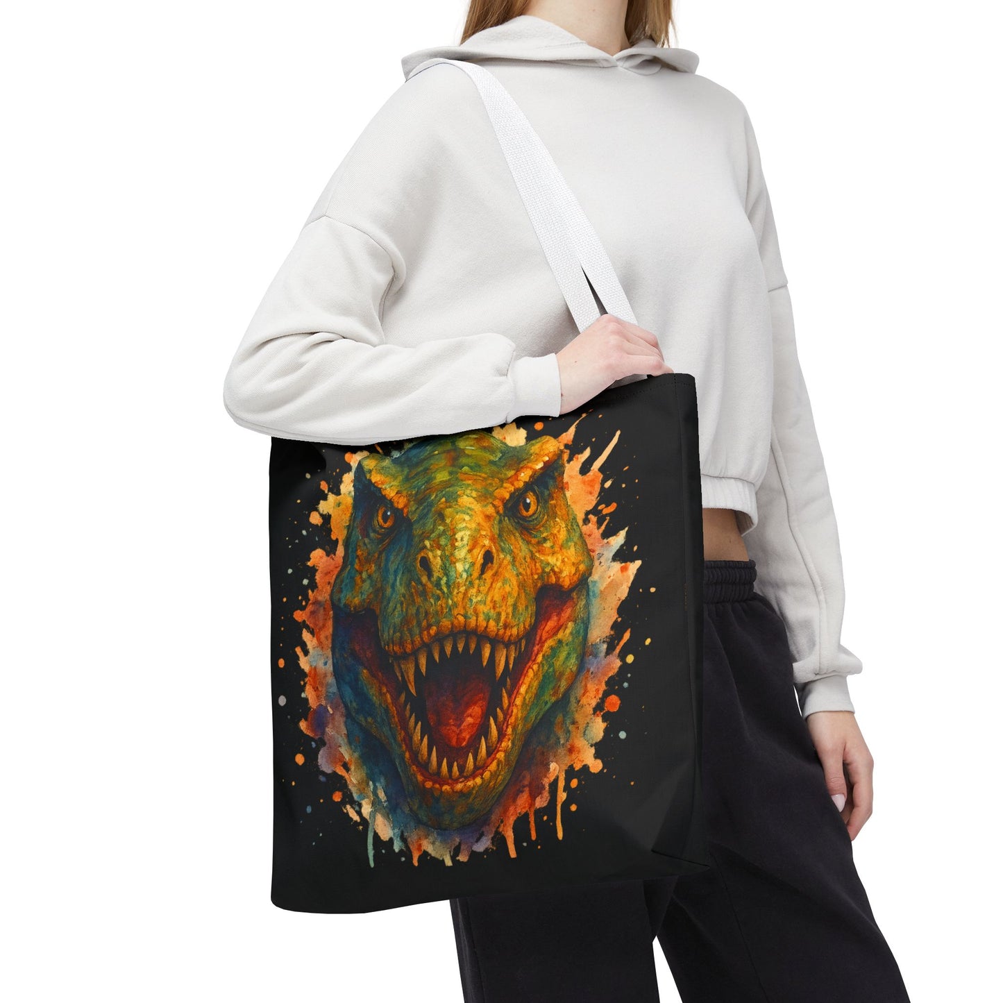 T-Rex Watercolor Tote Bag - 100% Polyester Canvas, Vibrant Dinosaur Art Bag, Reusable Beach-Market Tote, Dino Lover Gift, Bold Style
