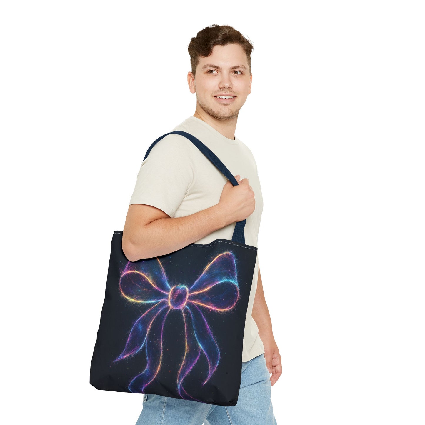 Galaxy Glow Bow Tote Bag, Cosmic Neon Ribbon Design, Black Space Art Bag, Celestial Gift For Her, Stylish Reusable Everyday Tote